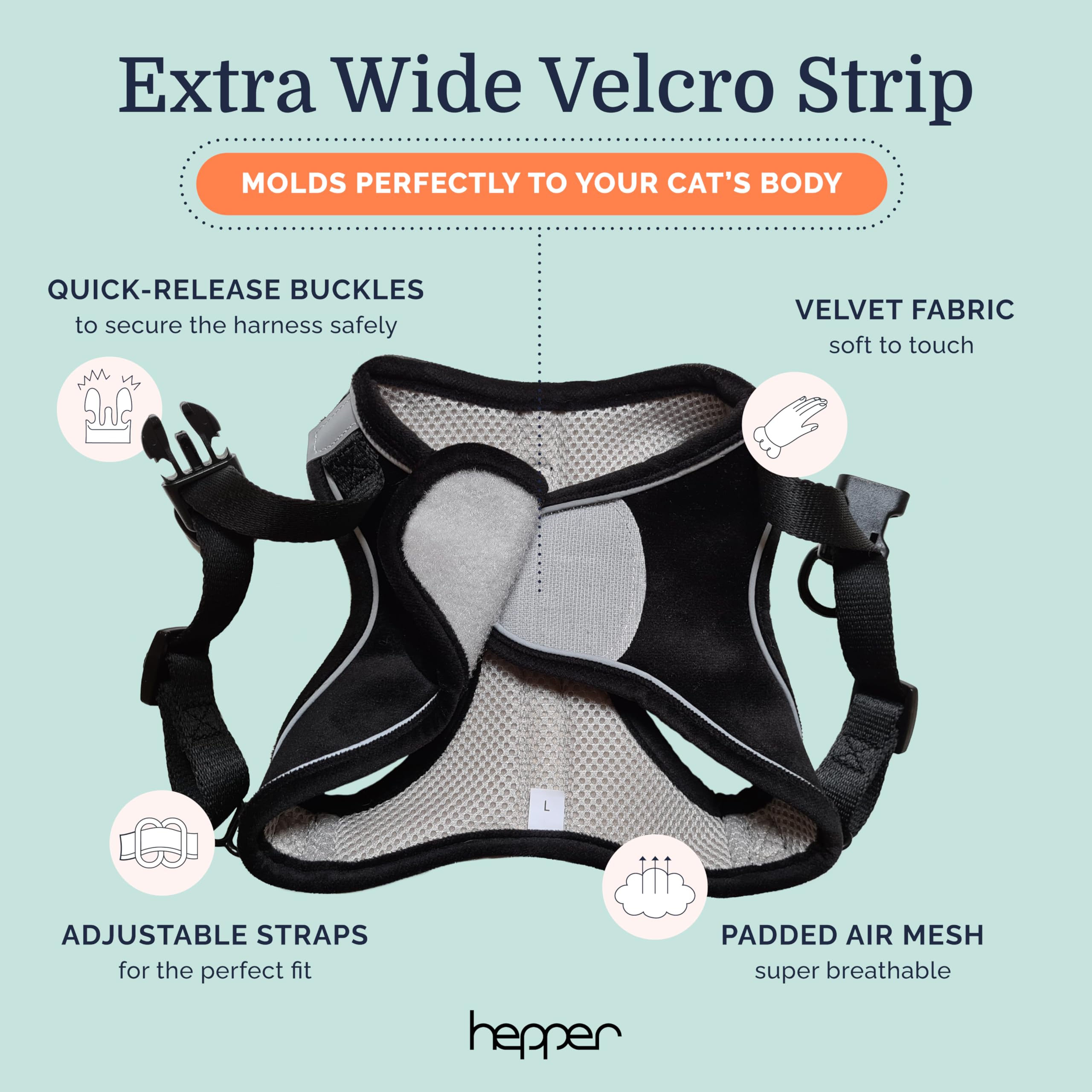Hepper Cat Harness and Leash Escape Proof Set, Black Tactical Cat Harness with Reflective Safety Strips - Image 4