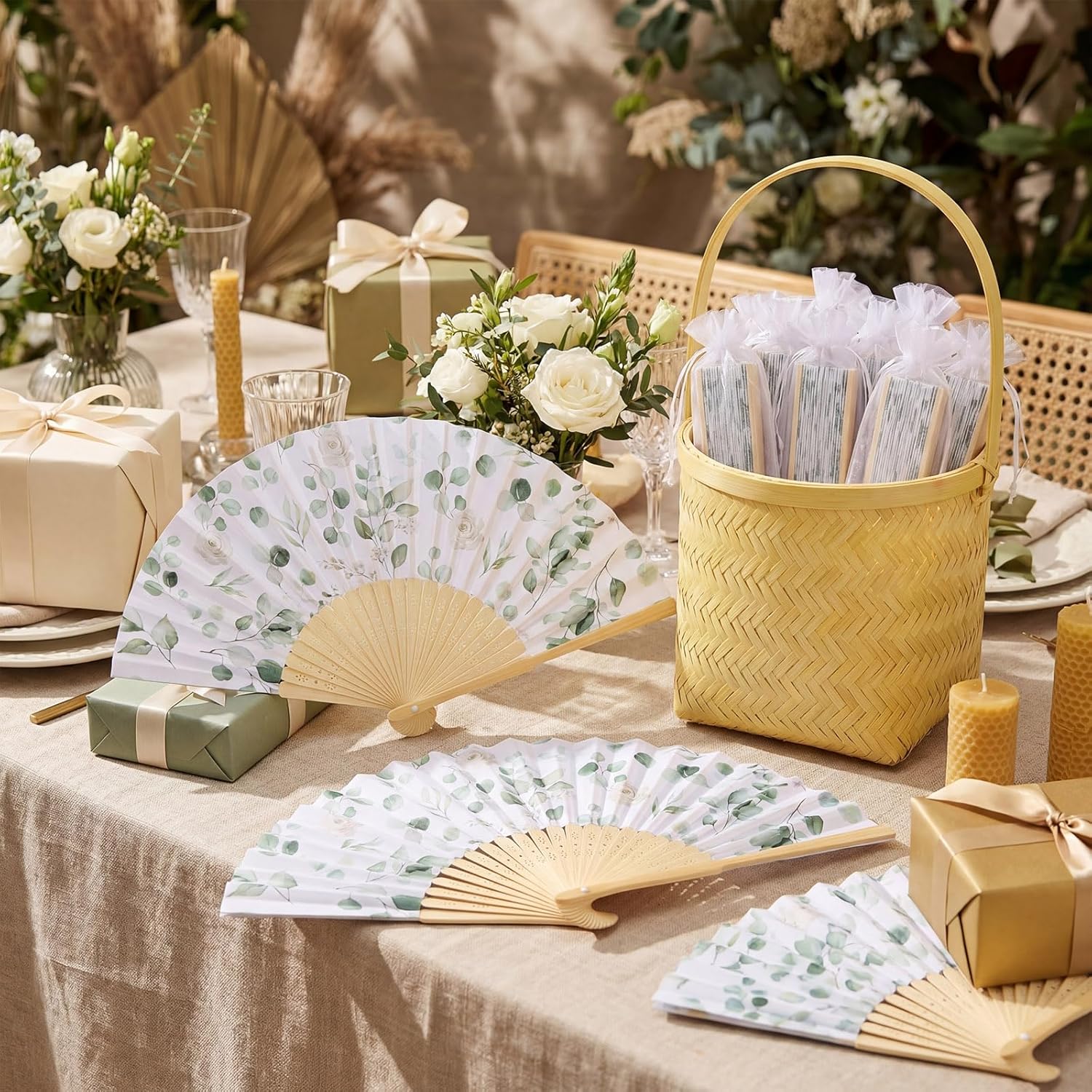 25 Pcs Sage Green Eucalyptus Leaf Folding Hand Fan Bulk with Organza Bags Greenery Tea Party Favors for Guests Foldable Handheld Paper Fans for Wedding Bridal Shower Party Supplies