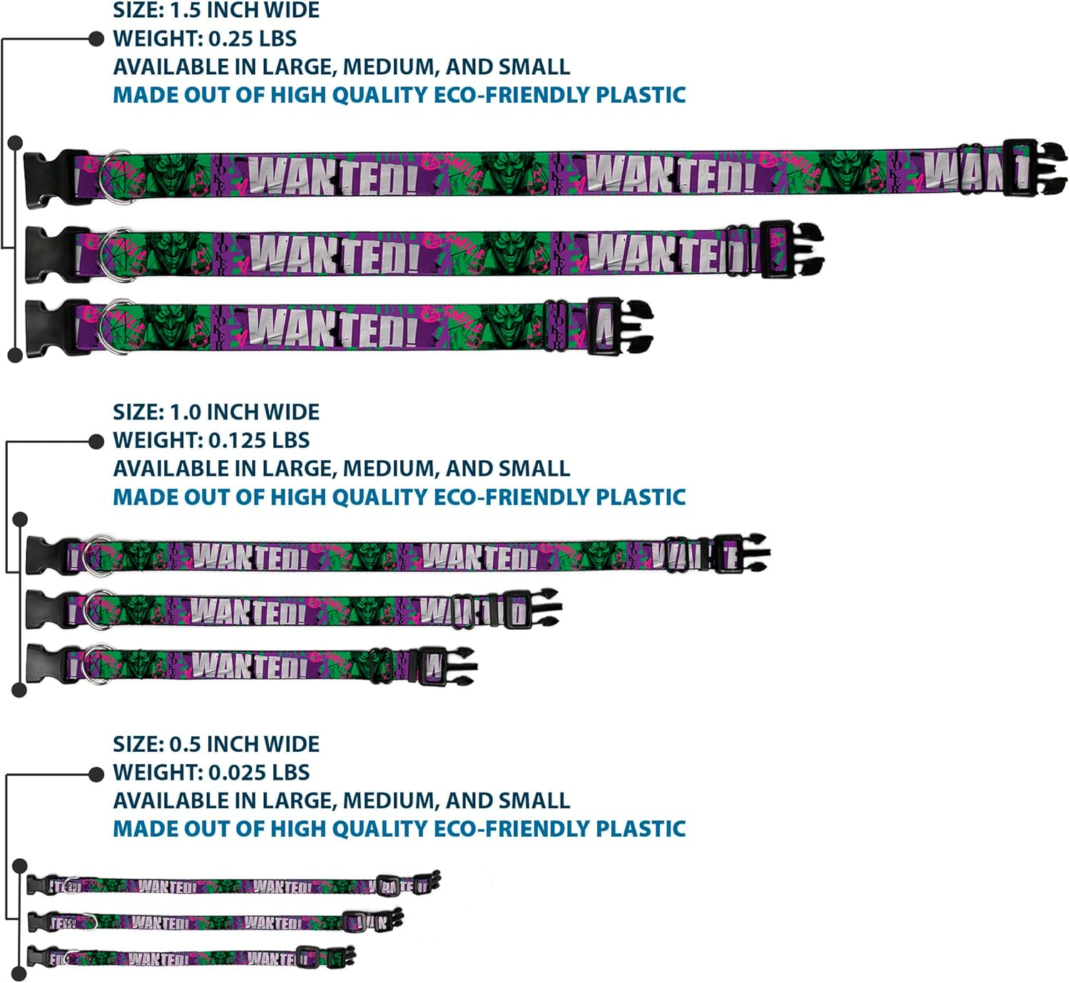 DC Comics Pet Collar, Dog Collar Plastic Buckle, The Joker Wanted Smiling Pose and Graffiti Purples Greens, 16 to 23 Inches 1.5 Inch Wide