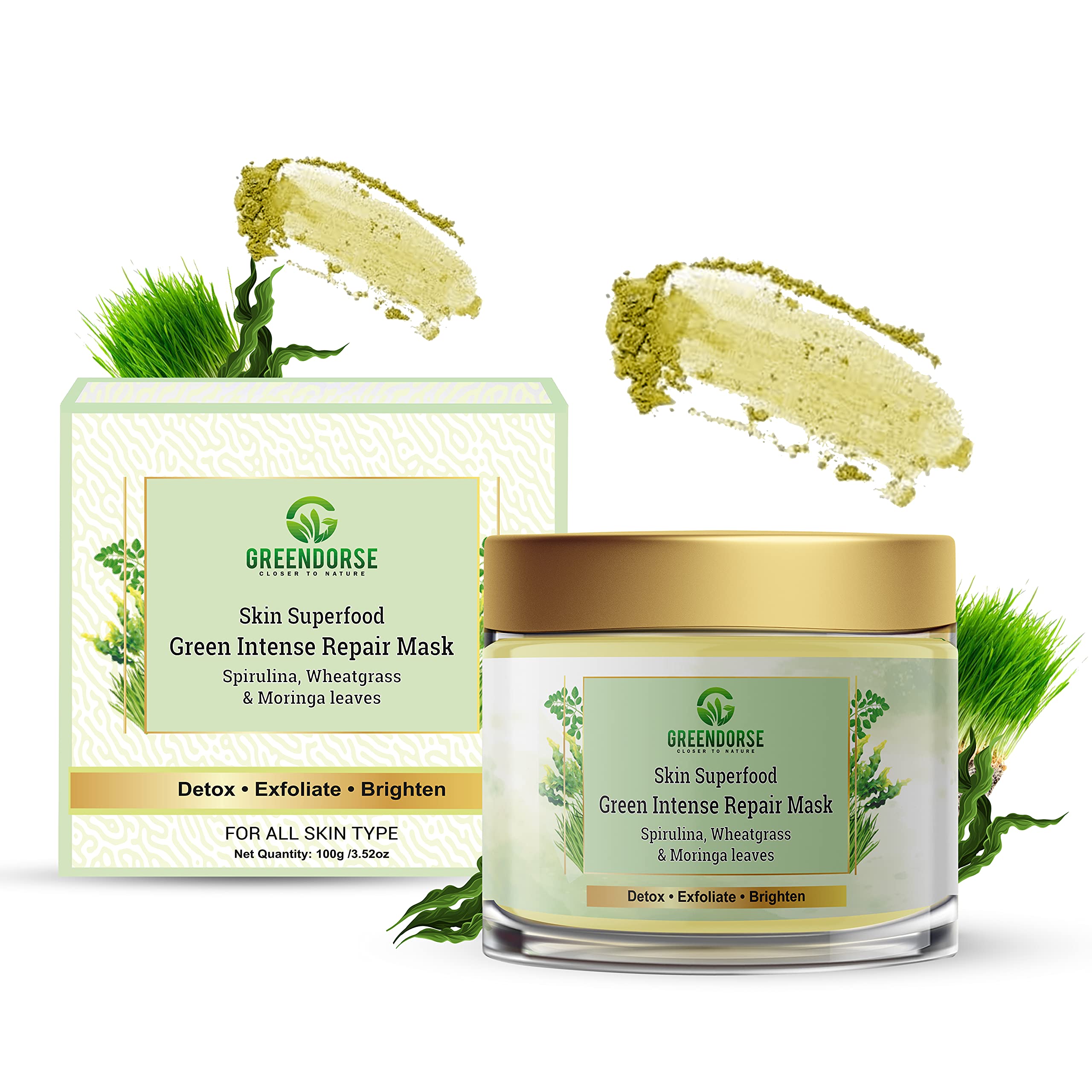 GREENDORSE Skin-Superfood Brightening Detox Green Intense Repair Powder Mask, 100G, Detoxify And Clarify Skin, 100G