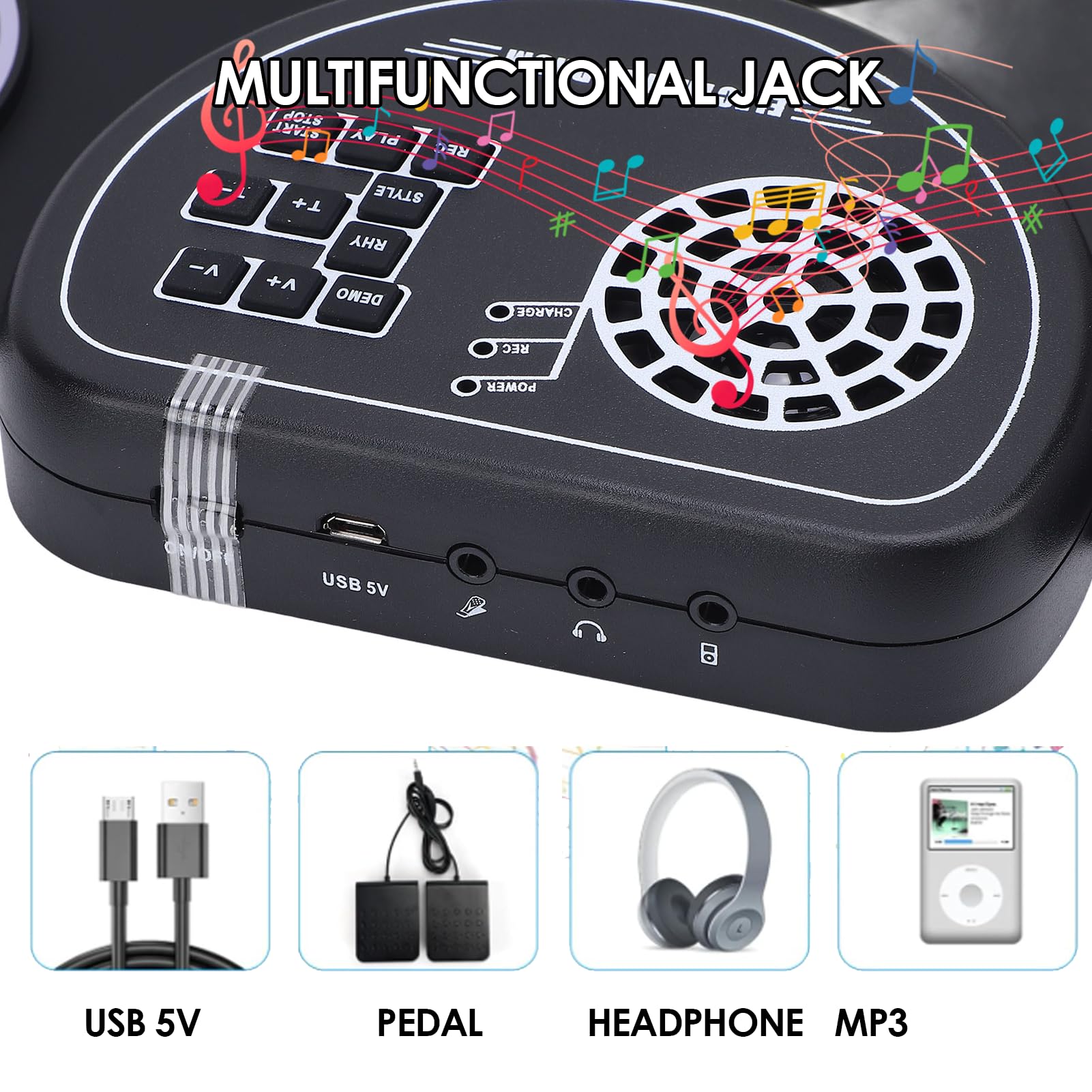 Batería Electrónica, Portátil Multifuncional 9 Pads Roll Up Drum Pad, Batería Eléctrica Portátil con Pedales Baquetas, Conector para Auriculares, Altavoz Doble Incorporado