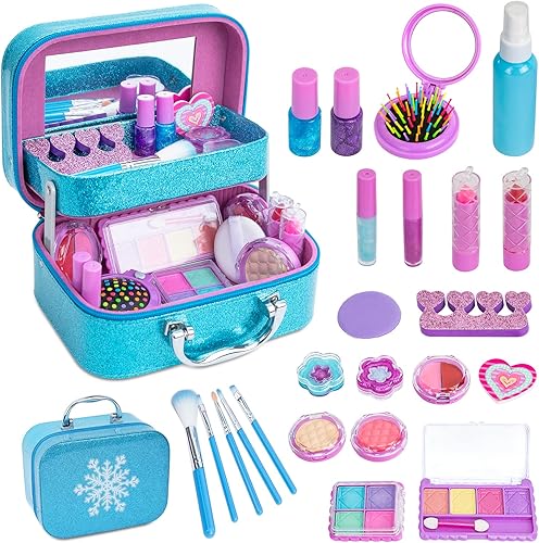 WETONG - Kit de maquillaje para niños lavable para niños juegos de maquillaje real con estuche de cosméticos juego de simulación de princesa juguete