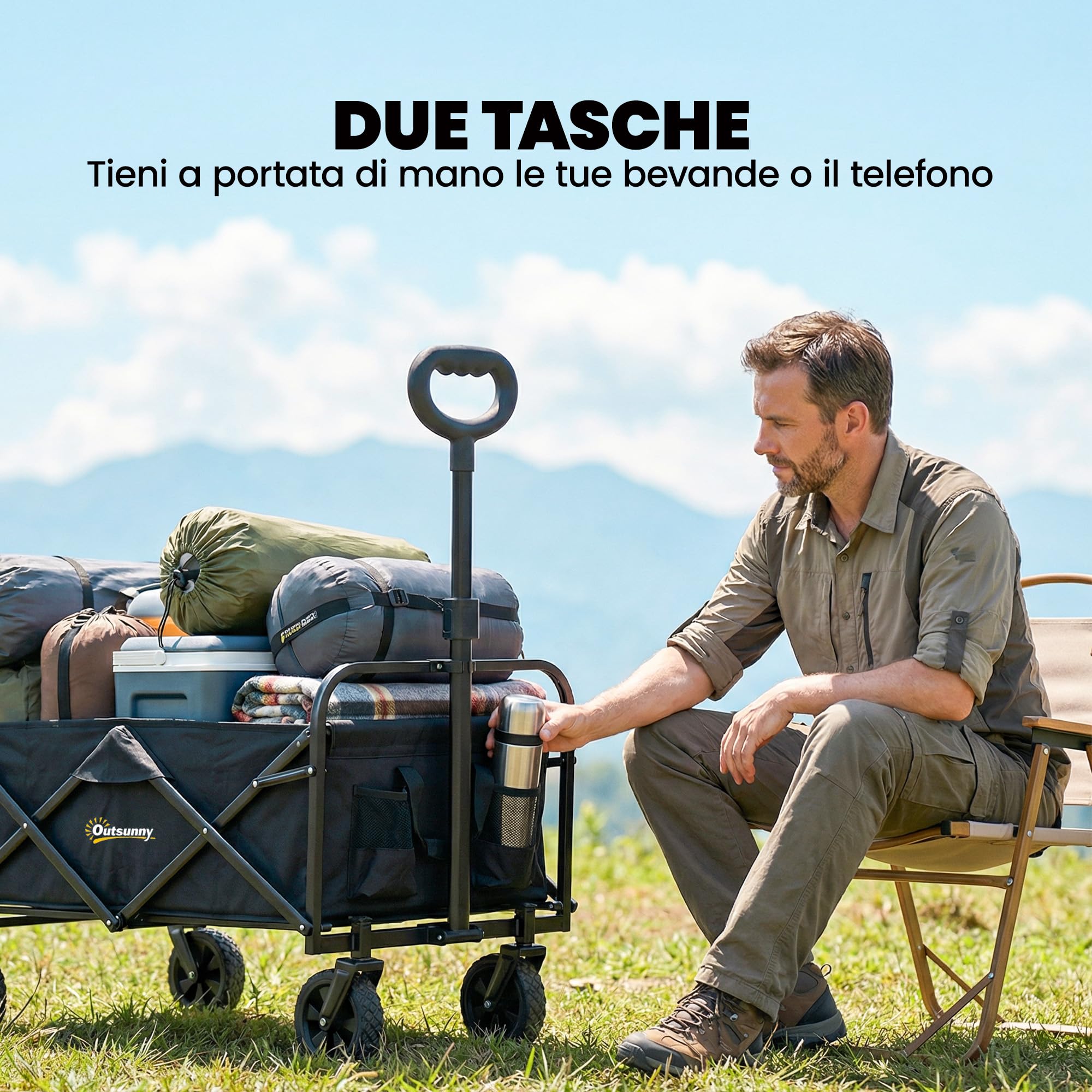 Outsunny Carrello da Giardino Pieghevole 72L con 4 Ruote, Carrello da Campeggio in Tessuto Oxford con Borsa da Trasporto e Maniglia Regolabile per Picnic, Spiaggia e Pesca, Nero