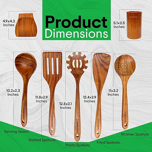Miniatura 5 de Juego de utensilios de cocina de madera, juego de utensilios de cocina de madera de teca, incluye soporte para utensilios de madera, espátula de