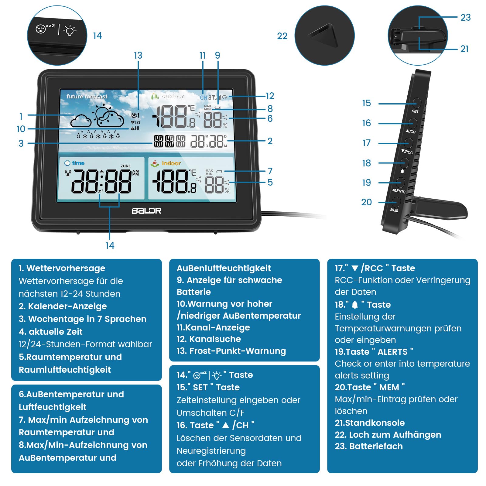 Stazione meteo radio con sensore esterno, termometro interno esterno, igrometro con previsioni meteorologiche, display a colori, orologio radio DCF con sveglia, allarme temperatura, da