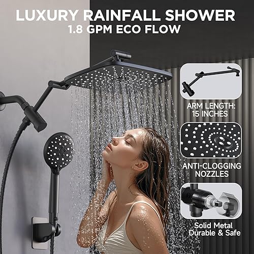 Miniatura 20 de Veken Cabezal de ducha de lluvia ancho con rociador de agua de mano multimodos, combo de cabezal de ducha de alta presión con brazo para accesorios
