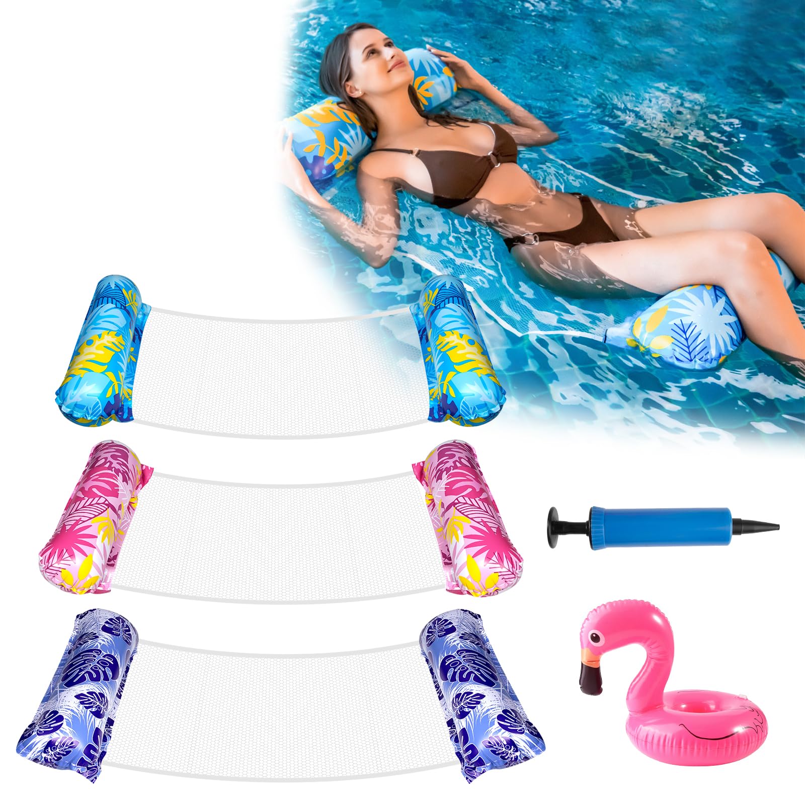 3PCS Inflatable Pool Floats Swimming Pool Inflatables for Adults 4 IN 1 Floats Hammock with 1 Air Pumps and 1 Coaster Water Hammock Inflatable Pool Chair Inflatable Pool Toys for Beach Summer Holiday