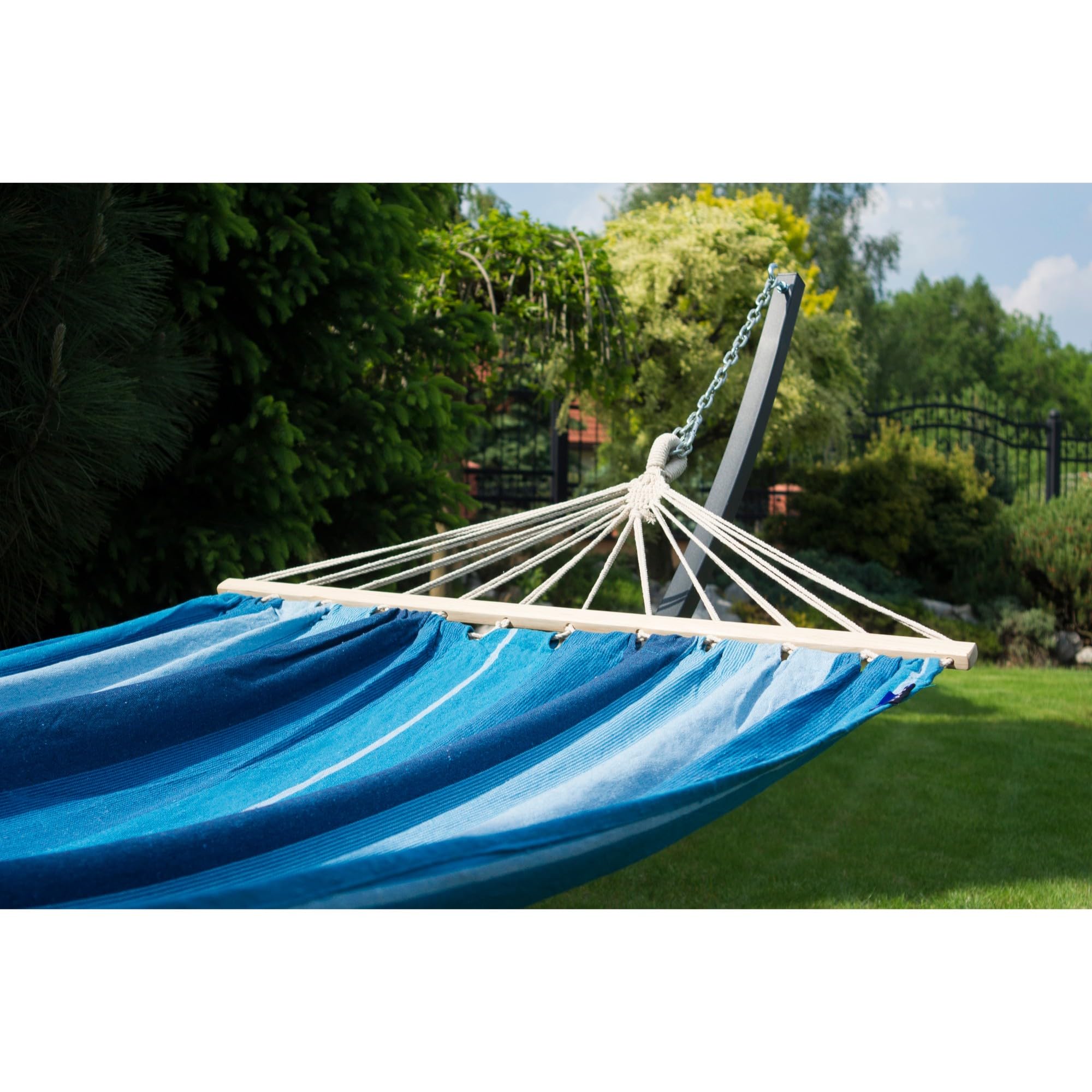 Potenza Outdoor Hängematte mit Gestell für 2 Personen I Stabhängematte XXL 220x160, 200kg I Hängemattengestell 220kg Wetterfest (Blau, Basic Gestell Graphit)