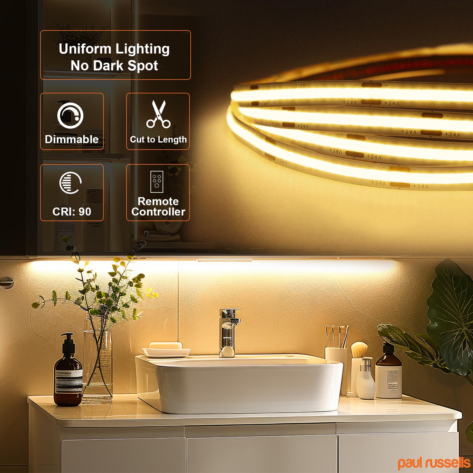 paul russells COB LED Strip Light, 24V- 5Watt/M, 320 LEDs/M, Warm White 3000K, 2300 Lumens, 5M Flexible Tape Light, IP65 - Image 2