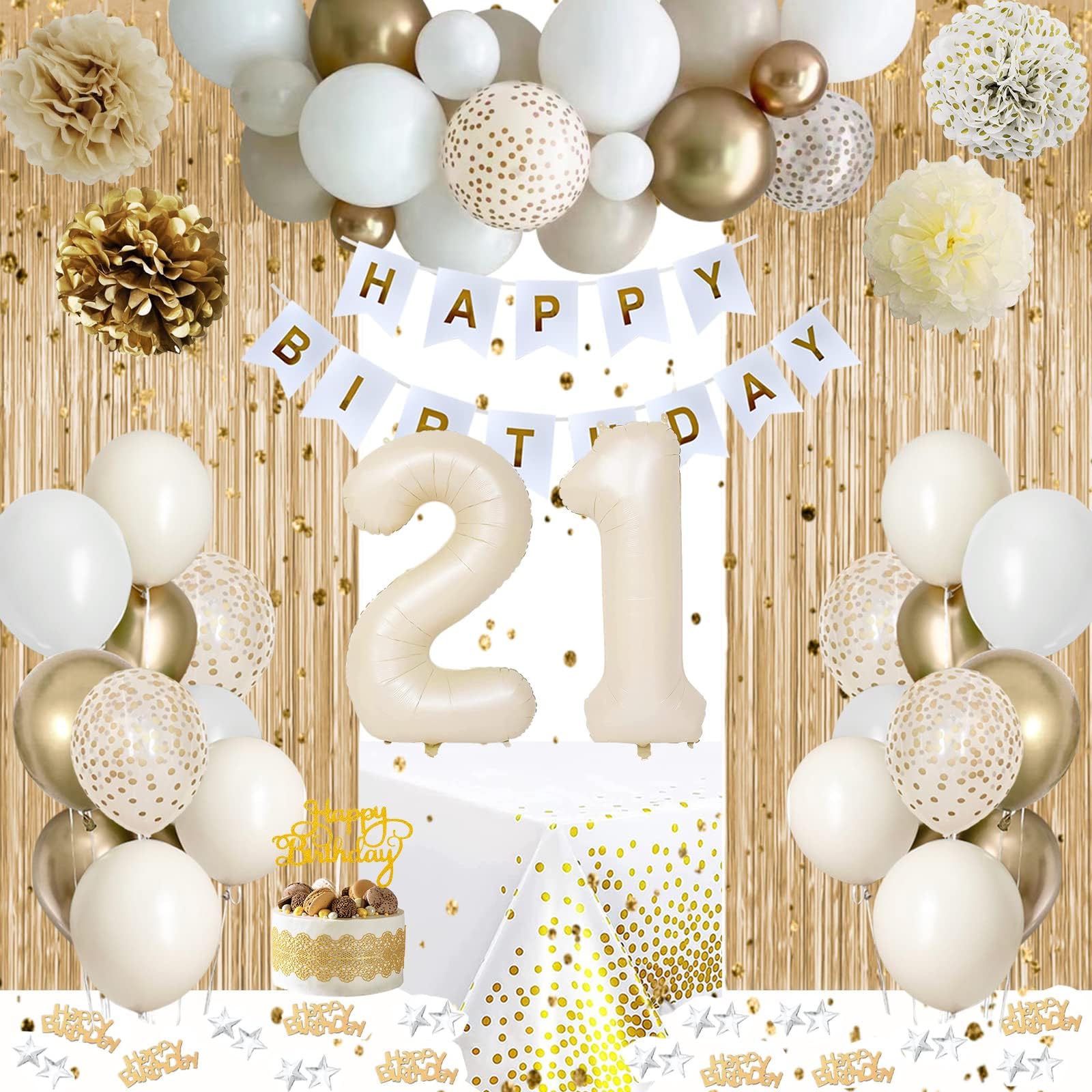 21st Birthday Decorations - White & Gold Balloons, Banner, Tablecloth, Curtain, Cake Topper, Paper Pom Poms for Her