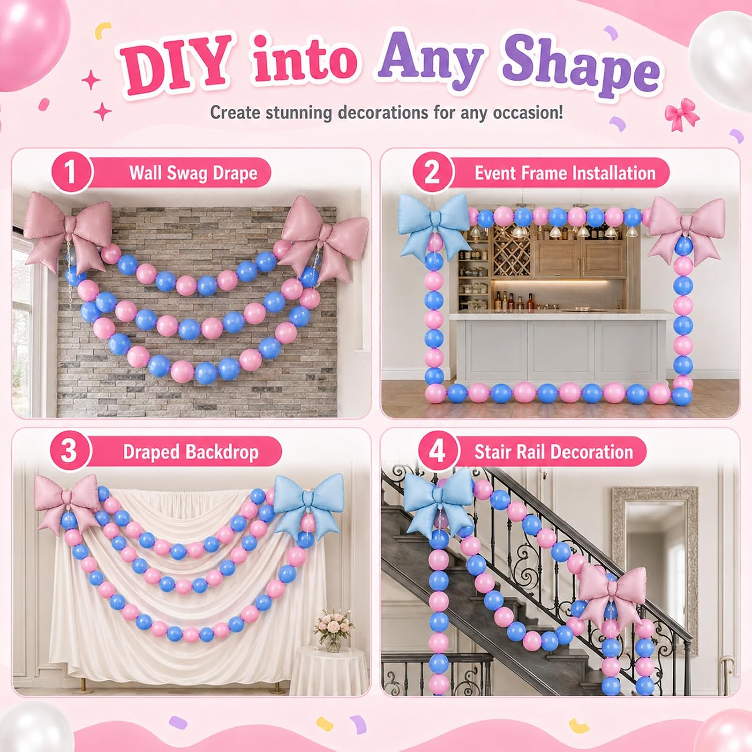 Pink and Blue Quick Link Balloons with Bow Foil Balloons for Party Decor image 3