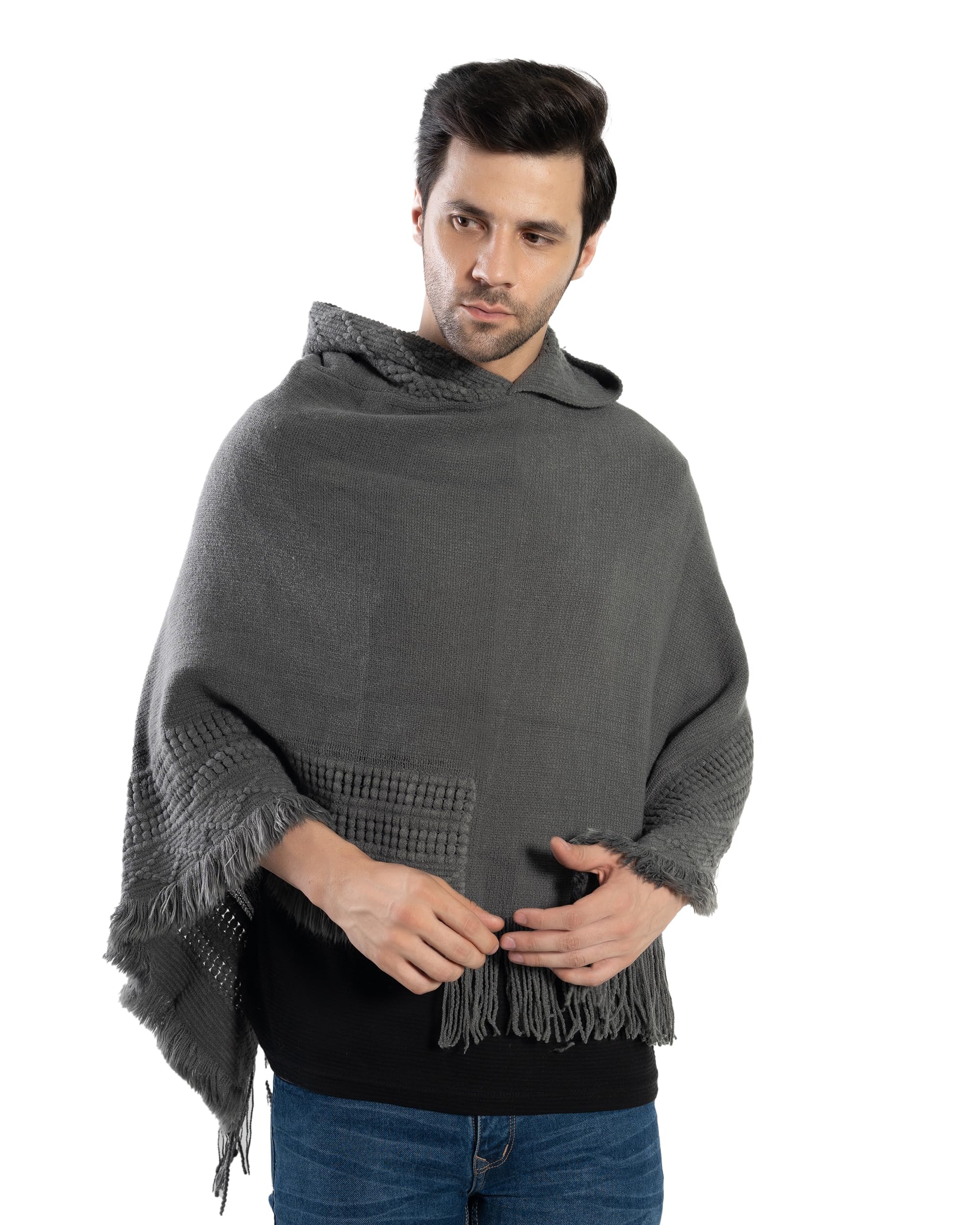 manra Men's Woolen Hooded Neck Solid Frill Poncho with Cap for Winter-picture-35