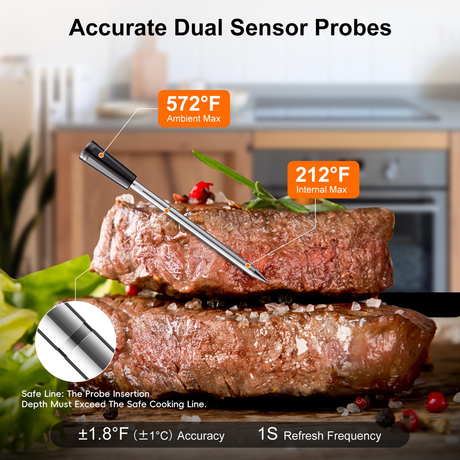 Newise Termómetro de carne inalámbrico de 4 sondas, termómetro digital Bluetooth para barbacoa, parrilla, horno, ahumador, largo alcance y base recargable con alertas en tiempo real, regalos de cocina