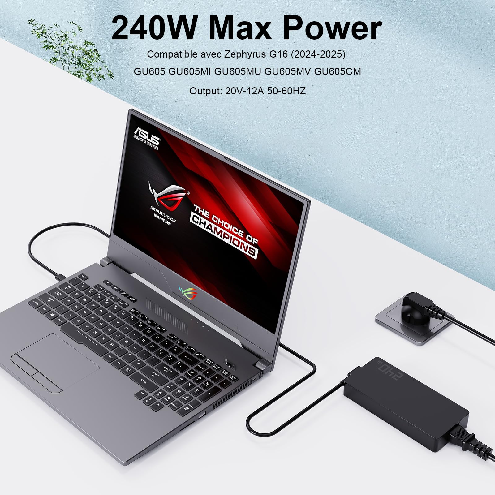 Ładowarka 240W 20V 12A kompatybilna z ASUS ROG Zephyrus G16 G14 | do ASUS GU605 GA605 GA403 TUF Gaming A18 A16 A14 FA608 FA401 FA808 ProArt P16 PX13 H7606 HNN 7306 V16 V3607