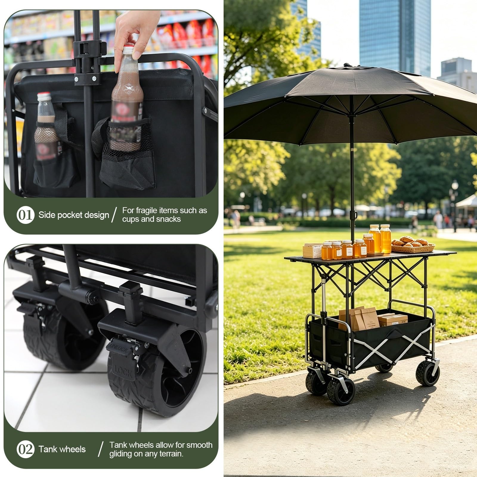 HARELA Genérico Puesto de Mercado con toldo, Móvil de Venta Ambulante de Comida, Carrito de Comida callejera con Ruedas para Puestos Callejeros, Ferias De Artesanía(White B)
