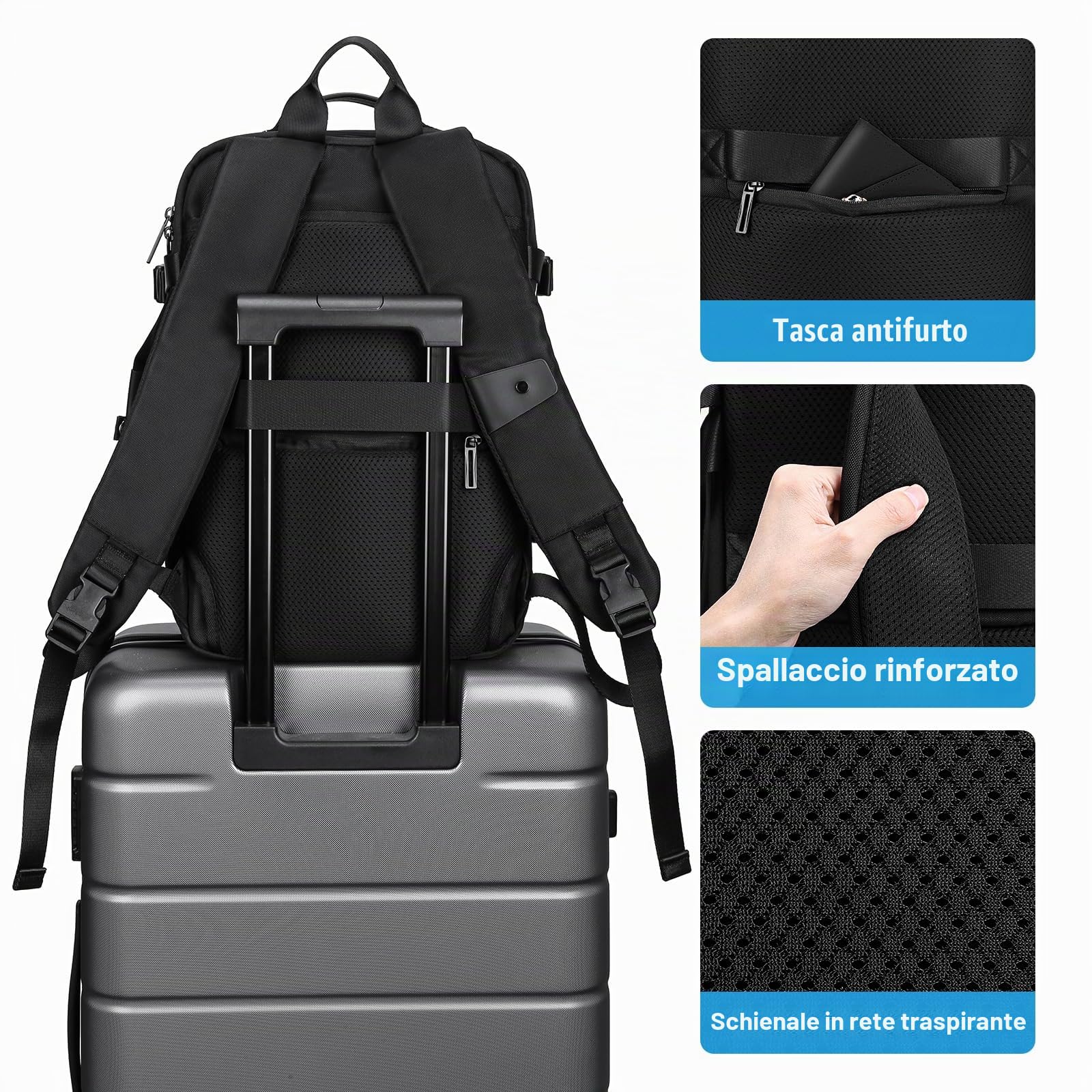 HOMIEE Zaino Uomo Zaino Porta PC 3 in 1 Zaini da Viaggio Estendibile Antifurto Zainetto Laptop 15.6 Pollici Impermeabile Zaini Borse Uomo Lavoro Valigia Bagaglio a Mano Tracolla Borsa