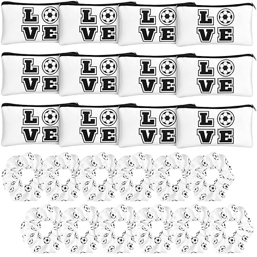 Sweetude Juego de regalos de fútbol 12 bolsas de maquillaje, 12 bandas de satén para fútbol, bolsa de viaje portátil para cosméticos, lazos