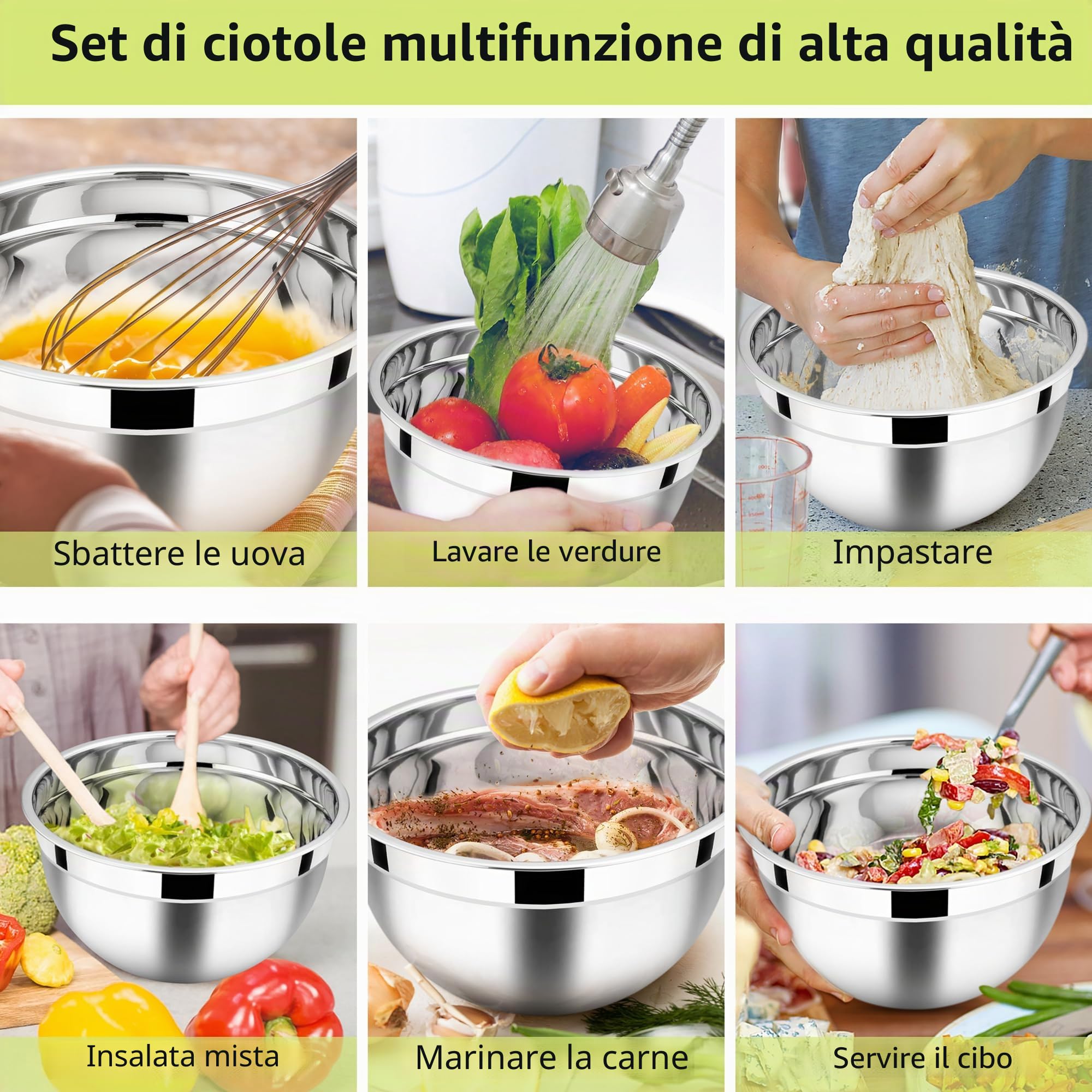 HaWare Set di 3 ciotole per insalata, in acciaio inox, con coperchio ermetico, perfette per cottura/cucina/preparazione, impilabili e lavabili in lavastoviglie, 4,5 l, 2,7 l, 1,5 l, colore cachi