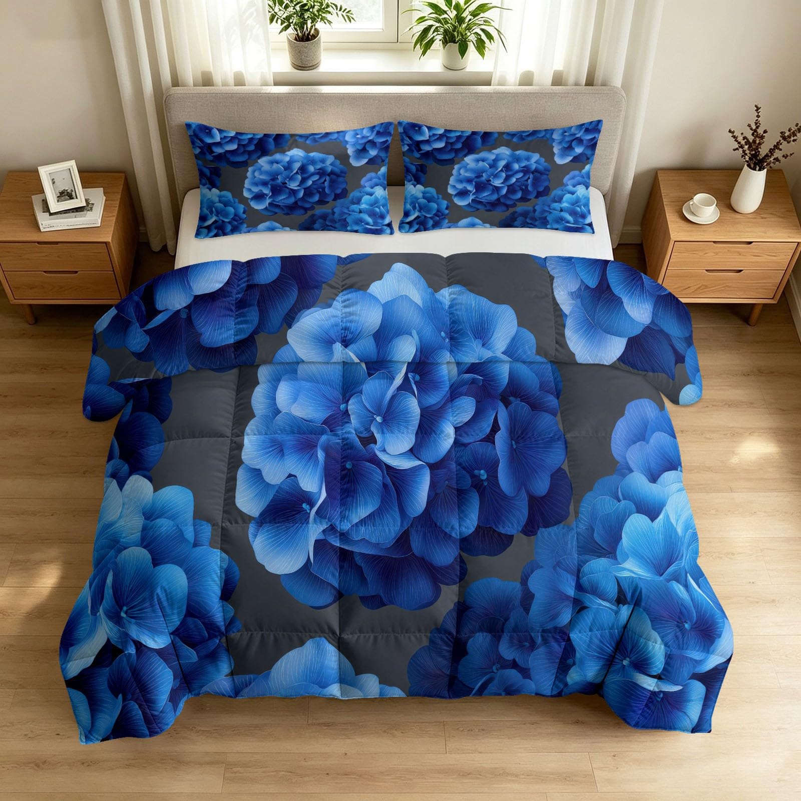 Letnia kołdra elegancki minimalizm, miękki i puszysty dwustronny koc - termiczny pokrowiec na łóżko 2-osobowe pikowane można prać w pralce, kwiaty hortensji 220x240 cm