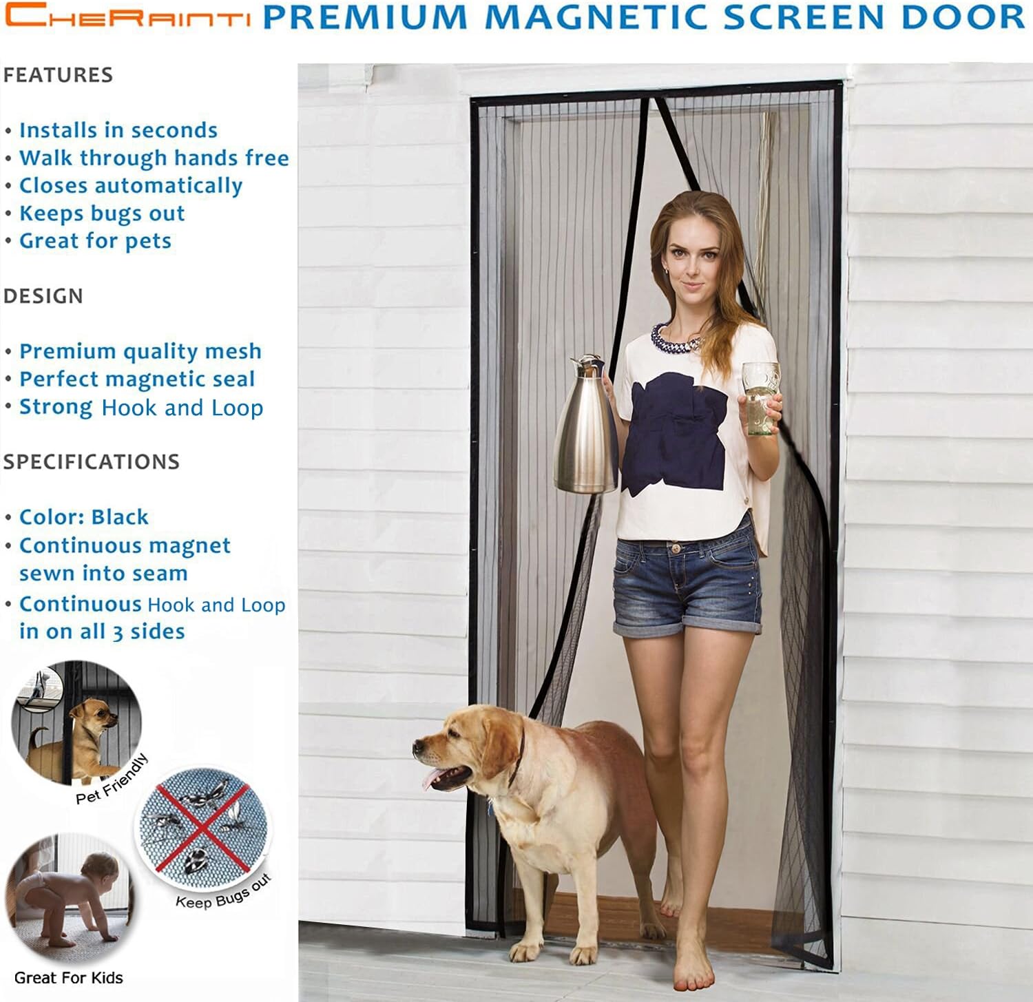 Magnetic Screen Door - Hands Free Mesh Curtain with Full Frame Hook & Loop and Push Pins - Fly Mosquito Insects Bug Proof for Sliding Glass Doors French Doors