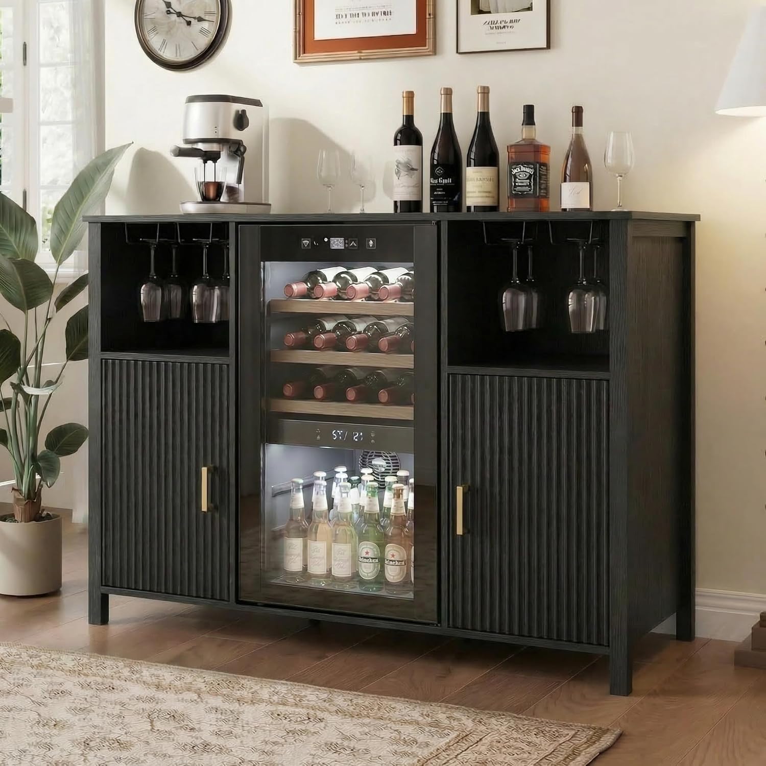 EAG 53" Large Coffee Bar Cabinet with Fridge Space, Mini Fridge Cabinet with Wine Storage & Power Outlets, Liquor Wine Bar Cabinet for Home, Kitchen, Dining Room, Black
