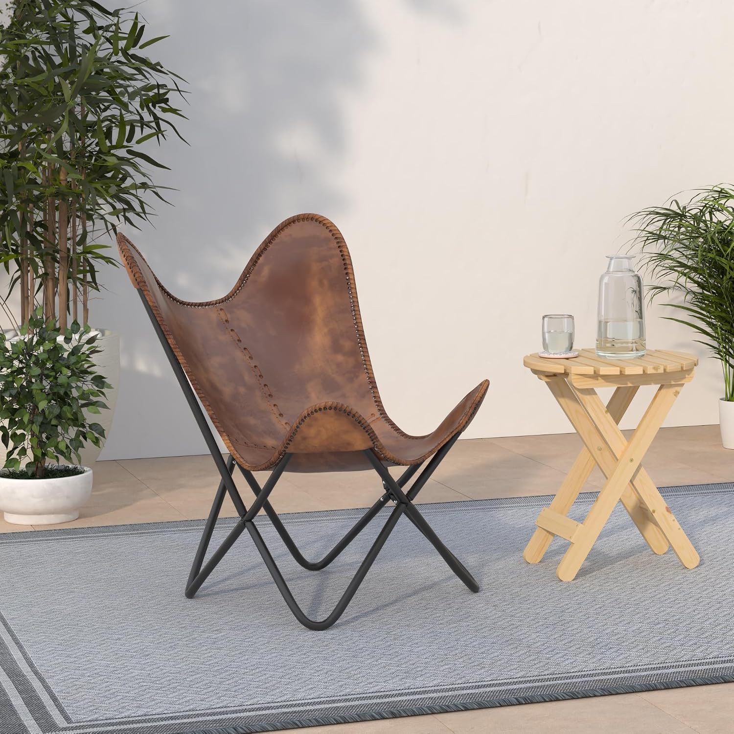 Shy Shy Brown Vintage Leather Arm Folding Chair/Genuine Antique Leather Butterfly Chair Home Décor/Handmade Chair (with Fold-able Stand) - Camping-Hiking-Chairs