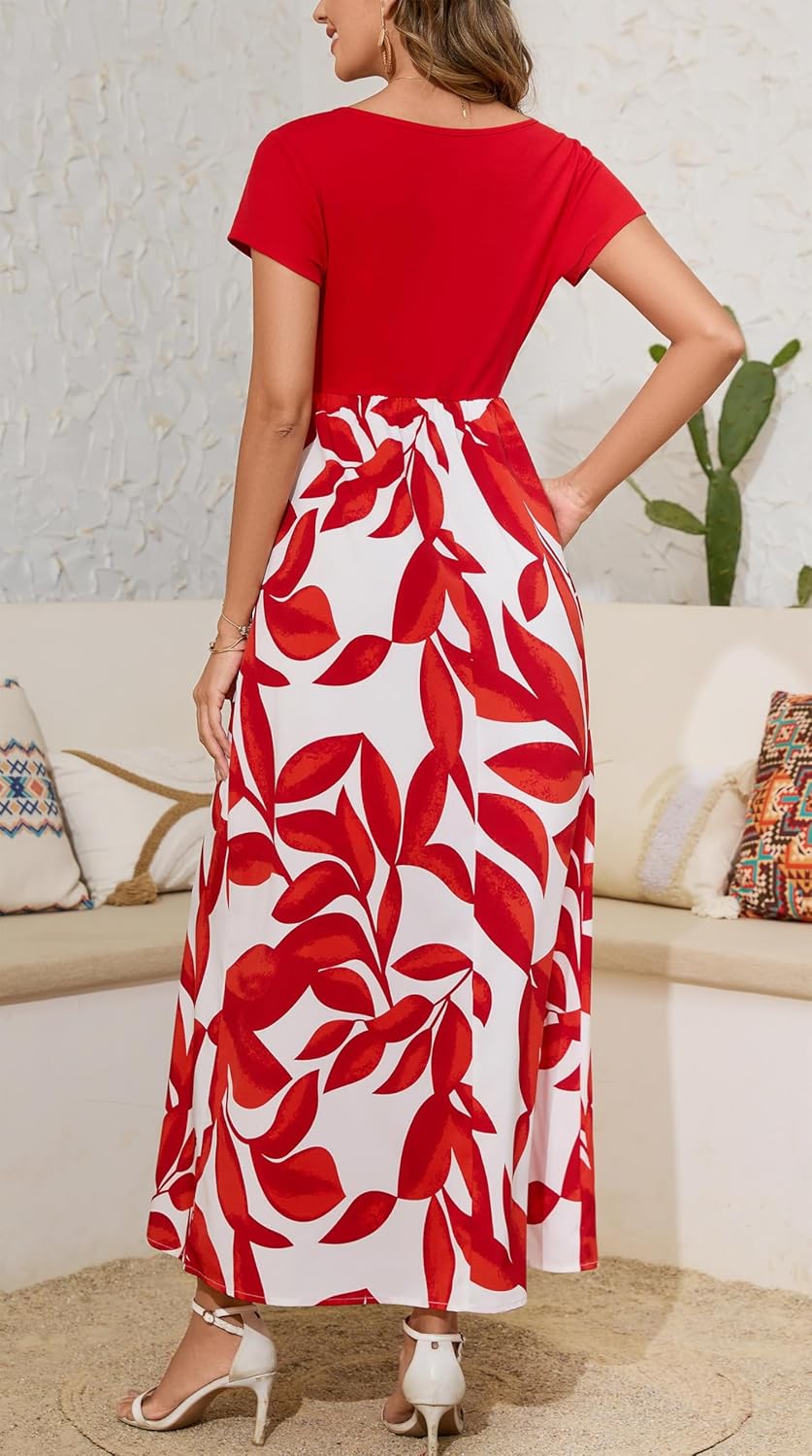 Kormei Women's Short Sleeve V Neck Button Loose Plain Maxi Dresses Casual Summer Tshirt Dress with Pockets - Image 5