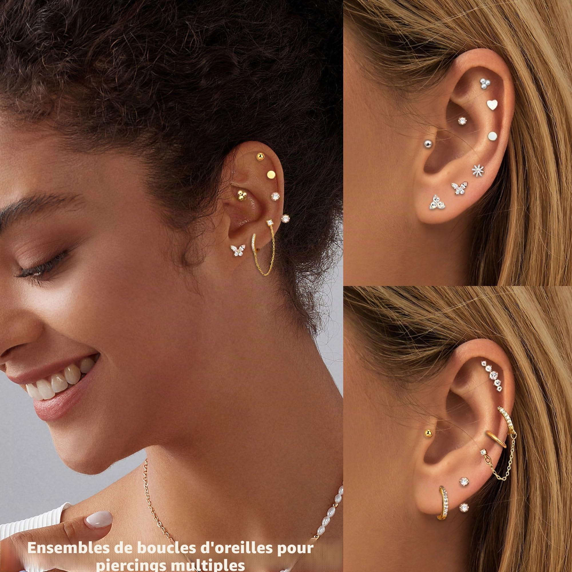 LOFITOR 13 Paires Boucles d'Oreilles Hypoallergéniques à Dos Plat en Acier Chirurgical pour Femmes - Lot de Studs et Créoles pour Piercings Multiples - Argentées et Dorées