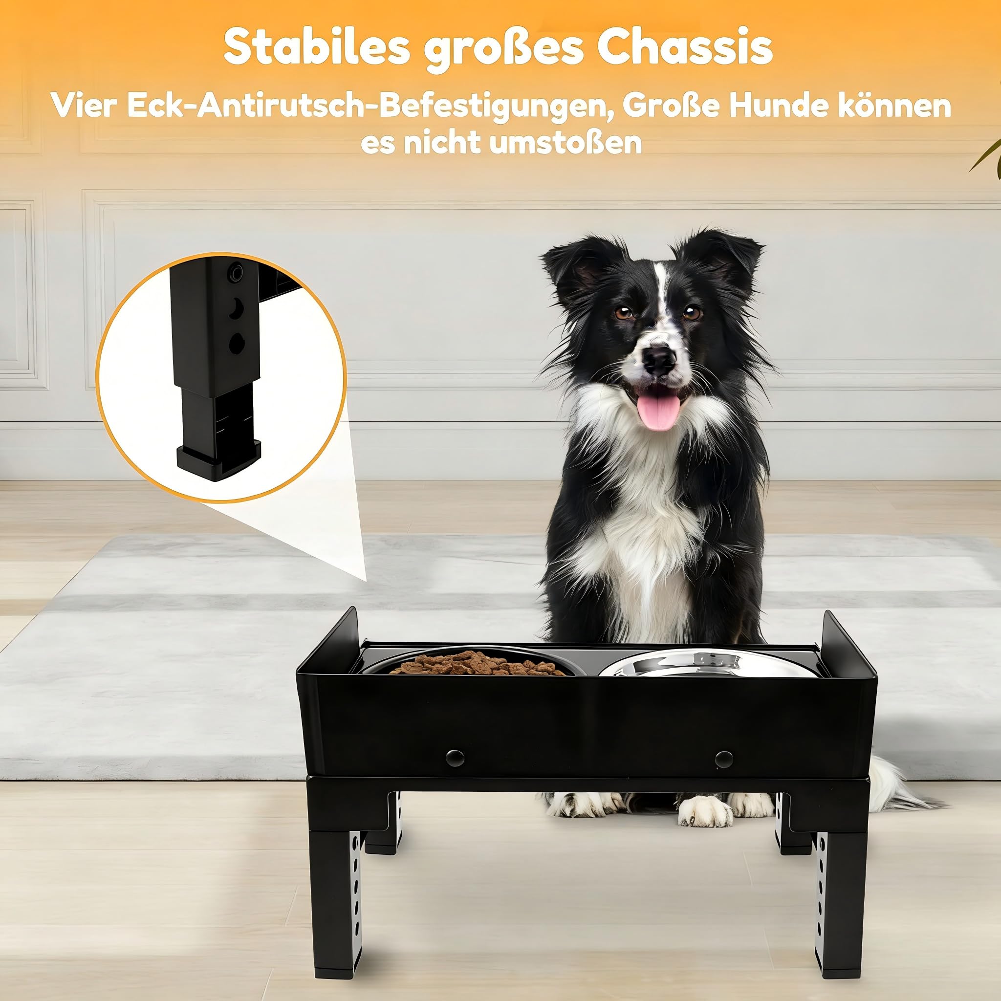 Hundenapf Erhöht, Erhöhter Futternapf Hund Höhenverstellbar, Fressnapf Hund mit Gestell, Futterstation Hund Mit 2 Hundenäpfe aus Edelstahl und 1 Anti Schling Napf Hunde (Schwarz)