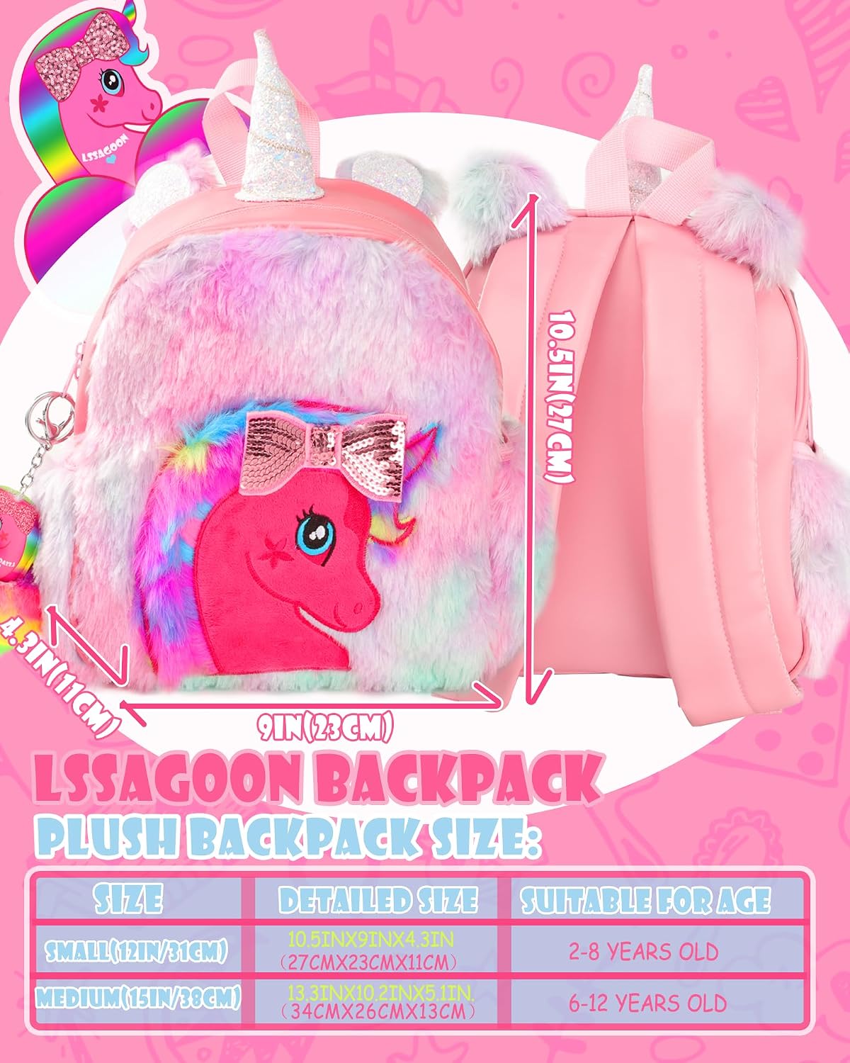Unicorn Plush Backpack for Girls, Cute Soft PU Leather Toddler School Book Bag, Kawaii Fluffy Kids Backpacks.