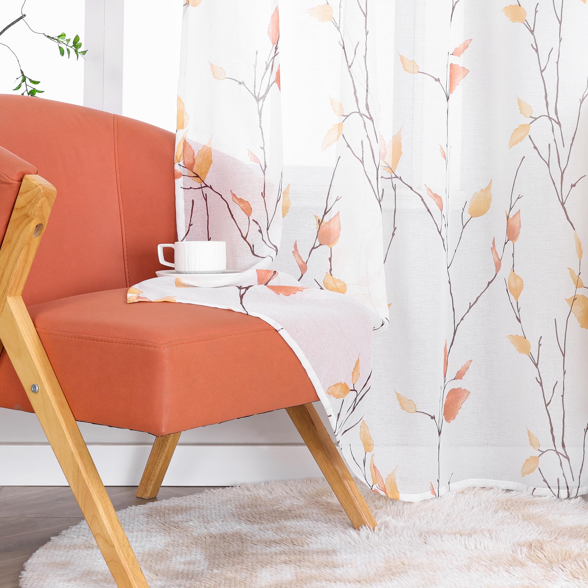 ESLIR Gardinen mit Kräuselband Vorhänge Gardinenschals Transparent Dekoschals mit Blumen Muster Landhaus Orange BxH 140x245 cm 1 Stück