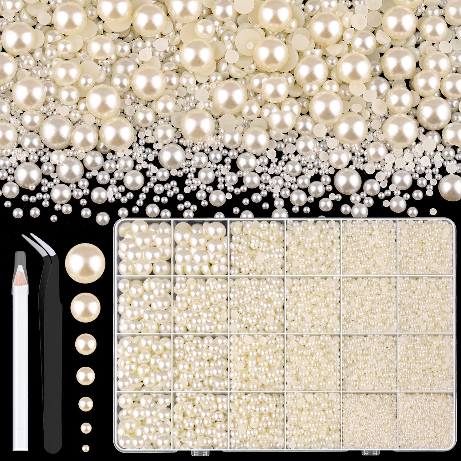 13000Pcs Flatback Pearls for Crafting (Ivory White/Beige), Assorted Size 2/3/4/5/6/8/10mm Half Pearl, Bedazzling Bead for DIY Crafts Clothing Tumblers Mugs Shoes Fabric Embellishment Nail Art Makeup