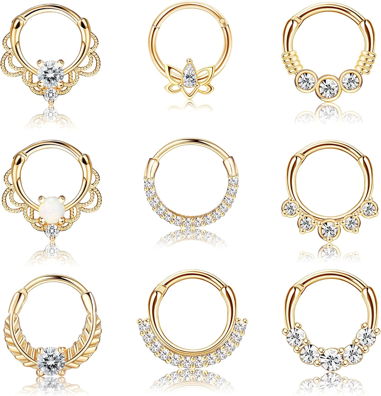 Drperfect 9PCS 16G Septum Rings Opal Daith Earrings Hoop Nose Rings 316L Stainless Steel CZ Cartilage Helix Tragus Earrings Septum Clicker Piercing Jewerly