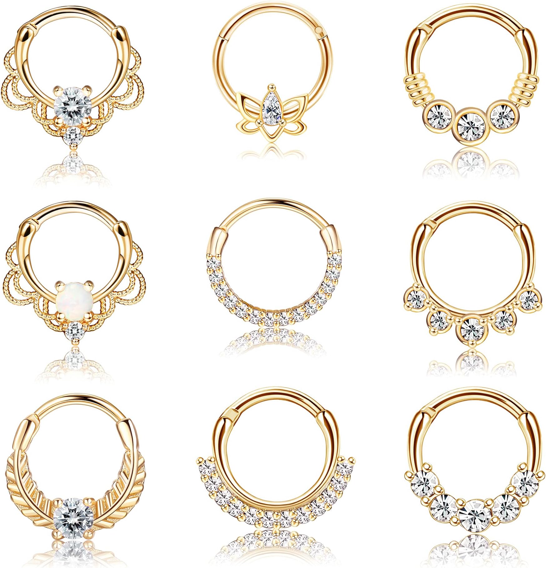 Drperfect 9PCS 16G Septum Rings Opal Daith Earrings Hoop Nose Rings 316L Stainless Steel CZ Cartilage Helix Tragus Earrings Septum Clicker Piercing Jewerly