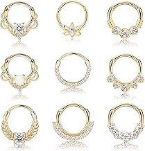 Kakonia 9pcs 16G Septum Rings Opal Daith Earrings Hoop Nose Rings 316L Stainless Steel CZ Cartilage Helix Tragus Earrings Septum Clicker Piercing Jewellery
