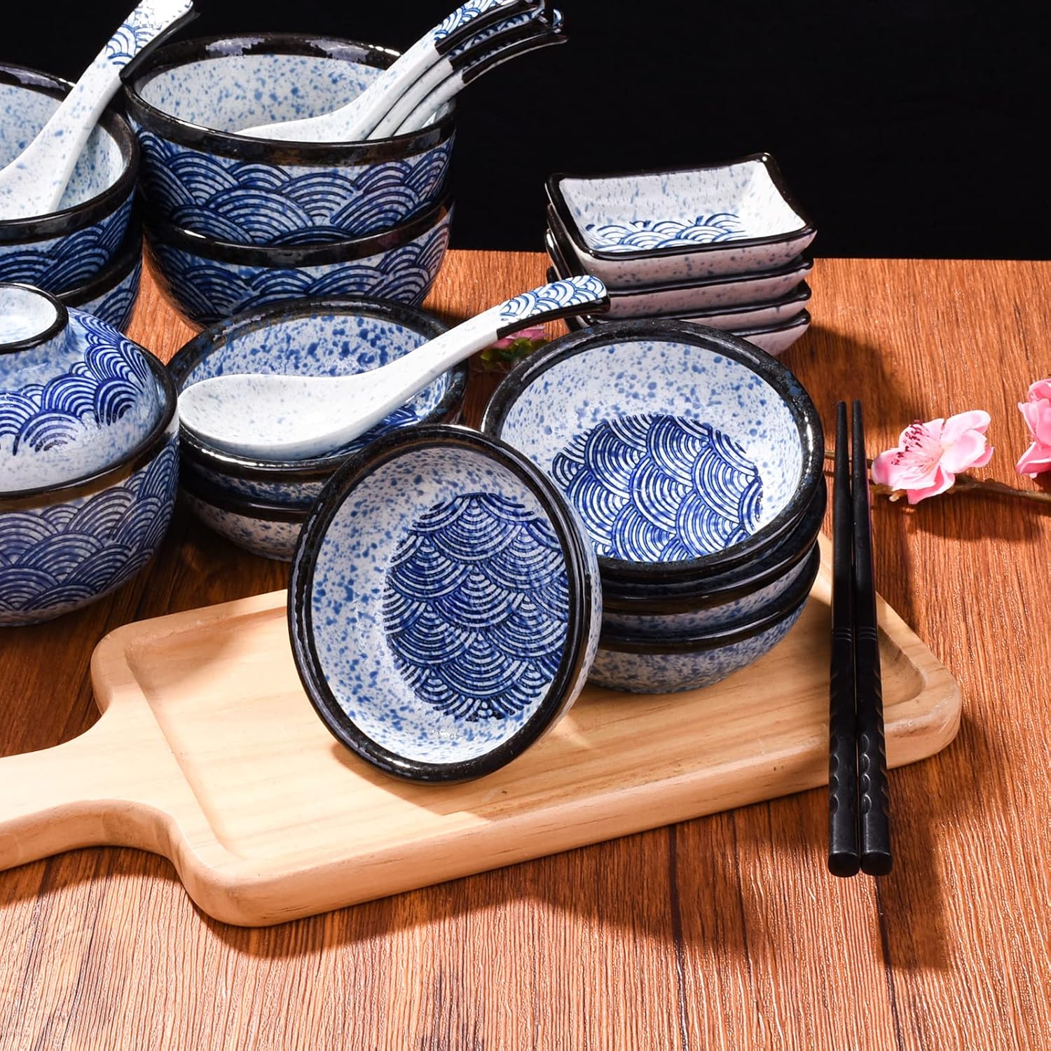 Porcelain Dipping Bowl Set of 4, 3.8 Inch Blue Wave Small Sauce Dishes