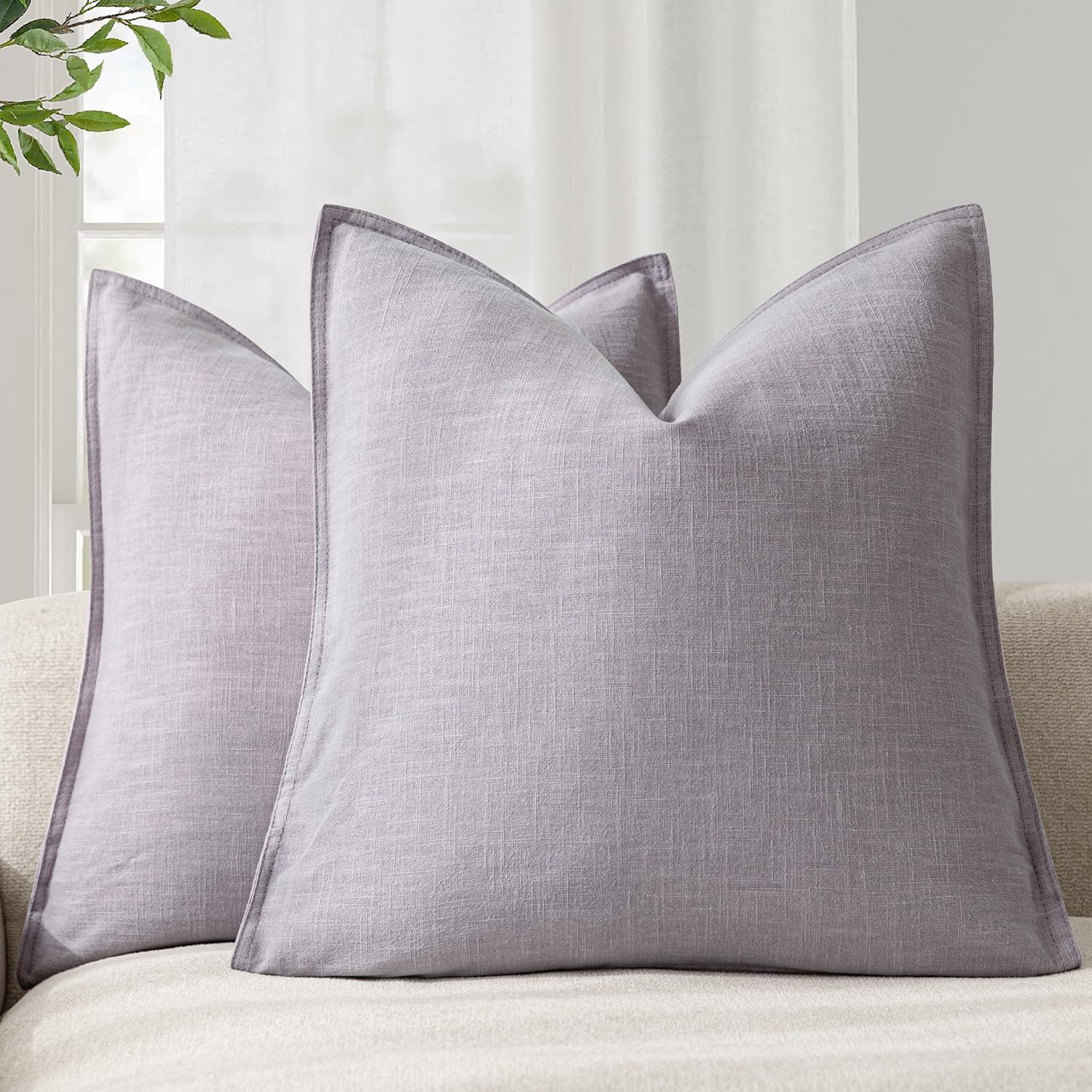 Foindtower Pack of 2, Decorative Linen Soild Throw Pillow Covers Soft Accent Cushion Euro Case Boho Farmhouse Pillowcase for Chair Couch Sofa Bedroom Living Room Home Decor 20 x 20 Inch Light Purple — image 1