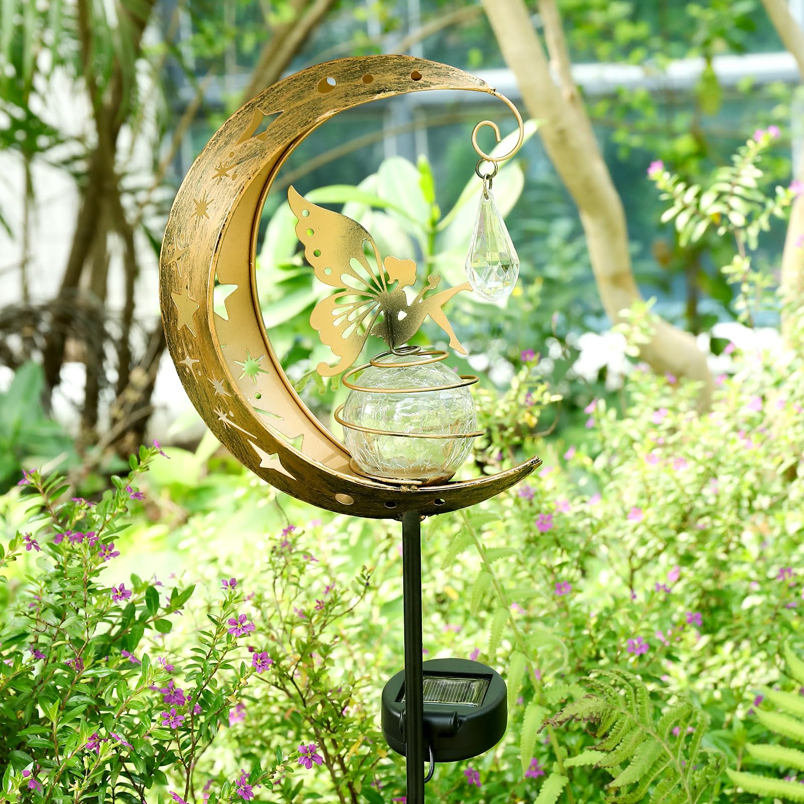 HUIKUANGEU Lampada Solare Sole e Luna,Lampade Solari da Giardino,Luci Decorative per Esterni con Sfera di Vetro a Led Luce,Luna Lampada Solare,per Esterni per Balcone, Vialetto, Prato