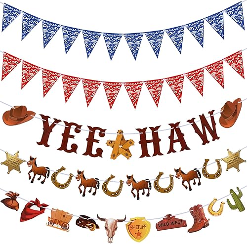 Sinmoe 5 unidades de decoraciones de fiesta de vaquero occidental, banderín, banderín de vaquero del salvaje oeste, guirnalda colgante de Yee Haw,