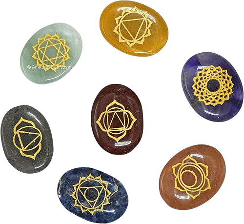 Miniatura 1 de Juego ovalado de 7 chakras, cristal curativo de reiki con símbolos de chakra grabados, juego de piedras de palma pulidas para equilibrio de chakras