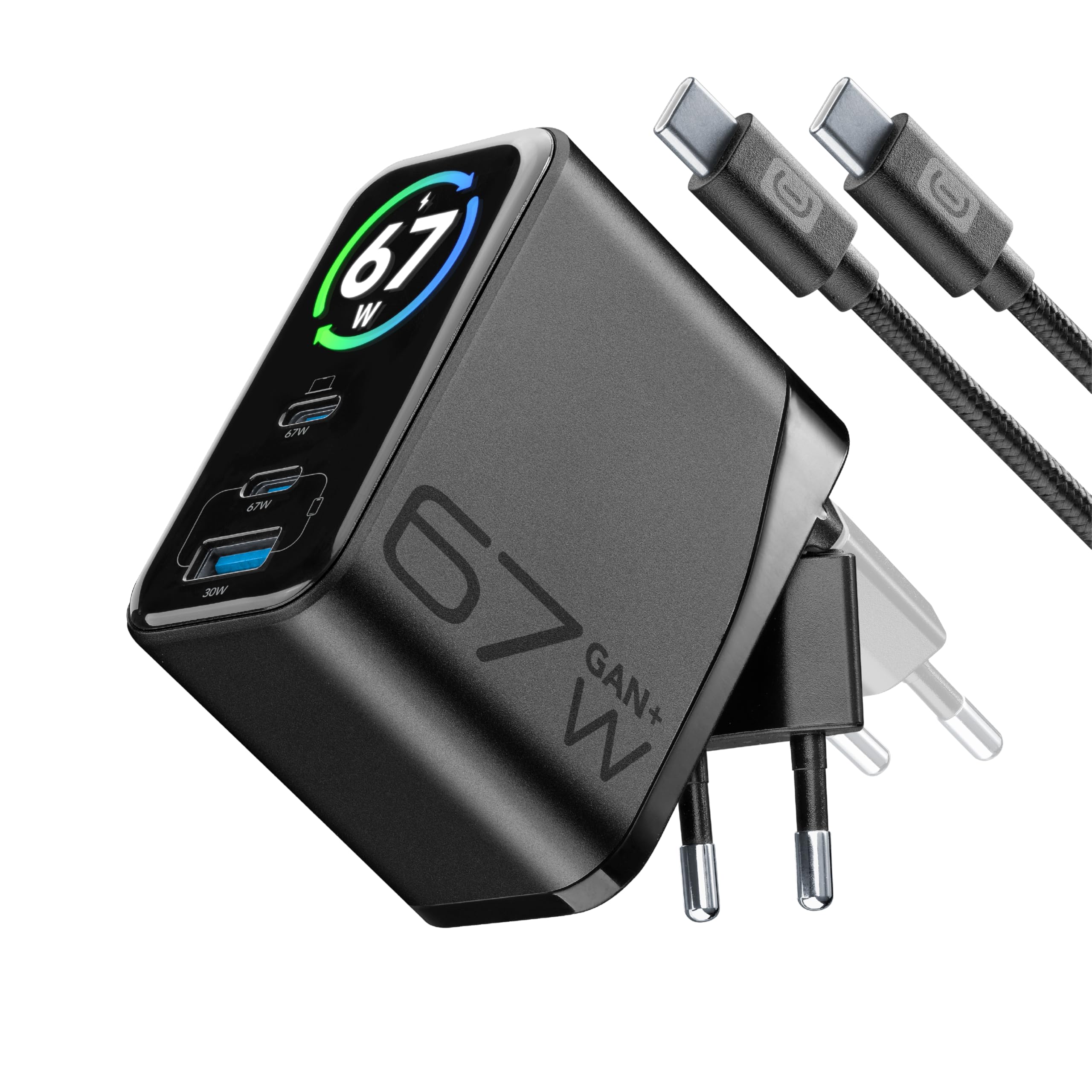 Cellularline PowerView IQ 67W Caricabatterie da Rete con Display TFT, 2 Porte USB-C PD e 1 Porta USB-A 30W, Uscita Simultanea 65W, Tecnologia GaN, Spina Pieghevole, Cavo Incluso