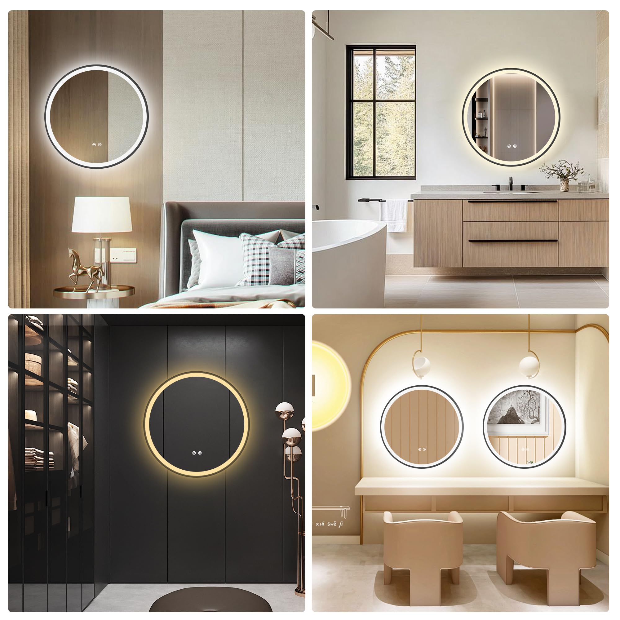 60cm Spiegel Schwarz mit Beleuchtung – Dimmbar, 3 Farben, Speicherfunktion, IP44 Wasserdicht, Schwarzer Badezimmerspiegel mit LED Licht, Aluminiumrahmen für Badezimmer