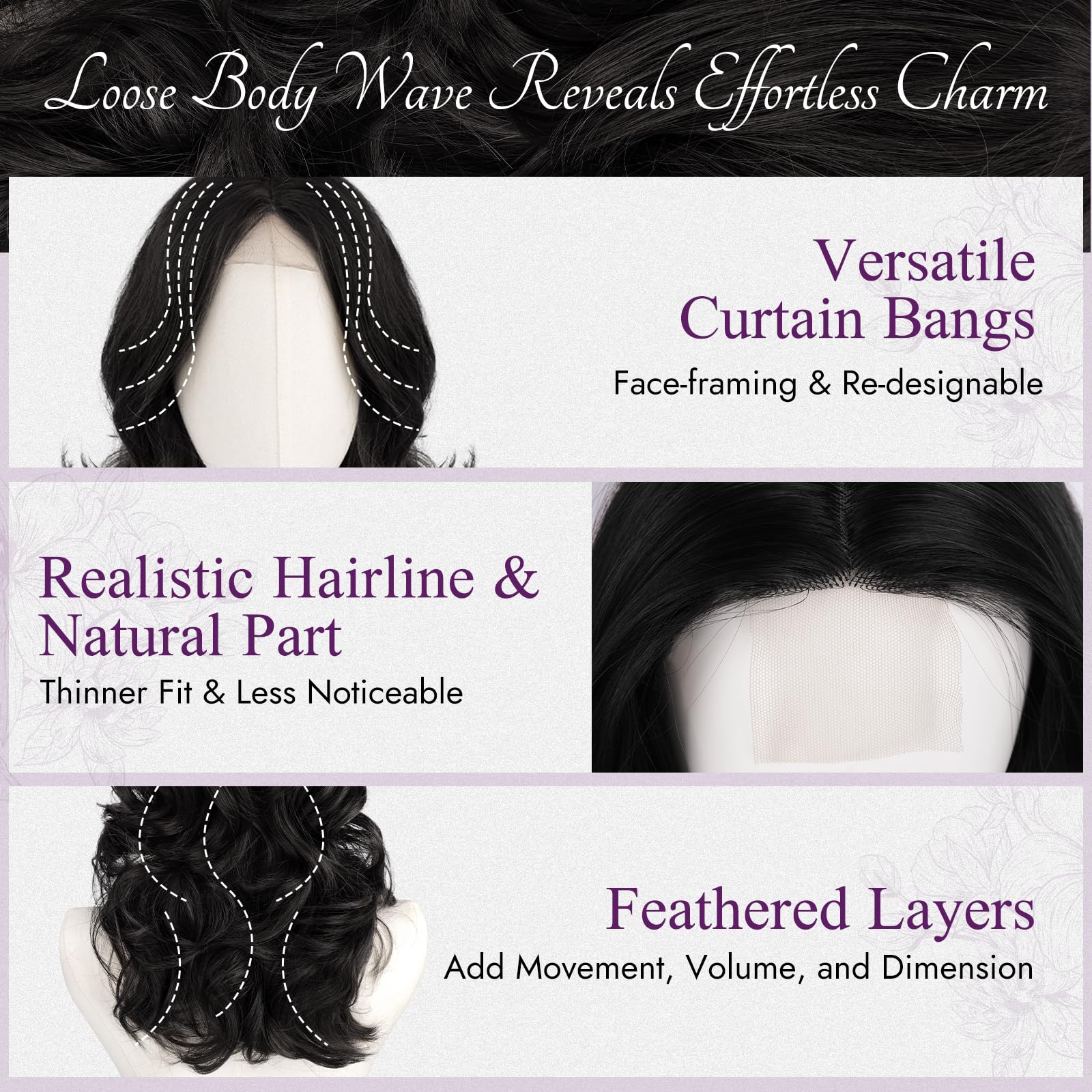 BARSDAR Courte Ondulée Noir Perruque, Shoulder Longueur Noir Perruque pour Femmes Courte Wave Textured Layered Perruques avec Face-Framing Curtain Bangs Synthétiques D'aspect Naturel Perruques Party
