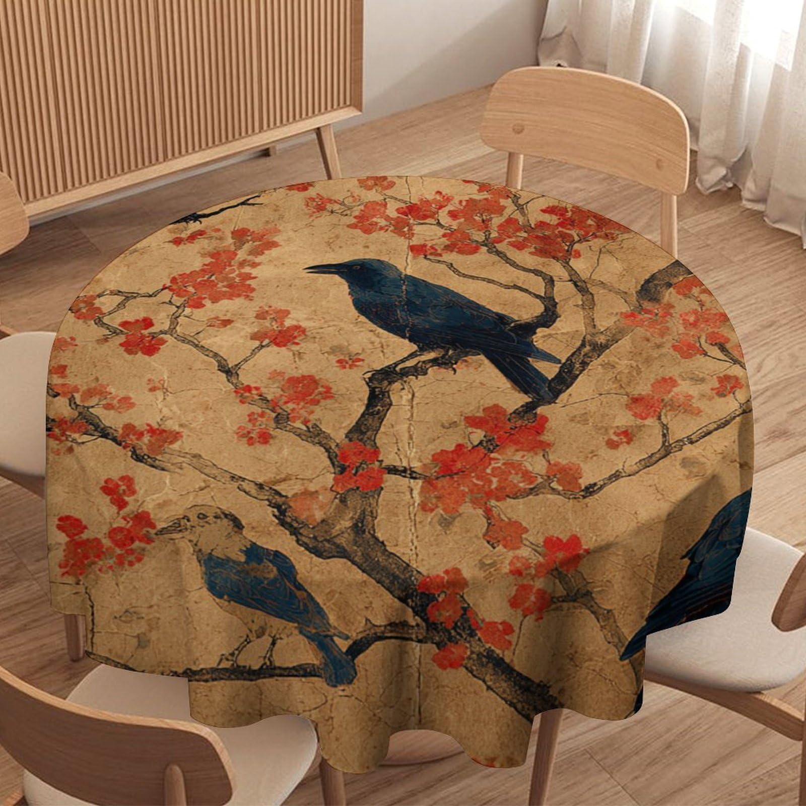 LUYYSKY Retro Rustic Black Crows Round Tablecloth Classic Oil Painting Trees Animals Raven Pattern Washable Decor for Table Cover for Kitchen-70 Wx70 L