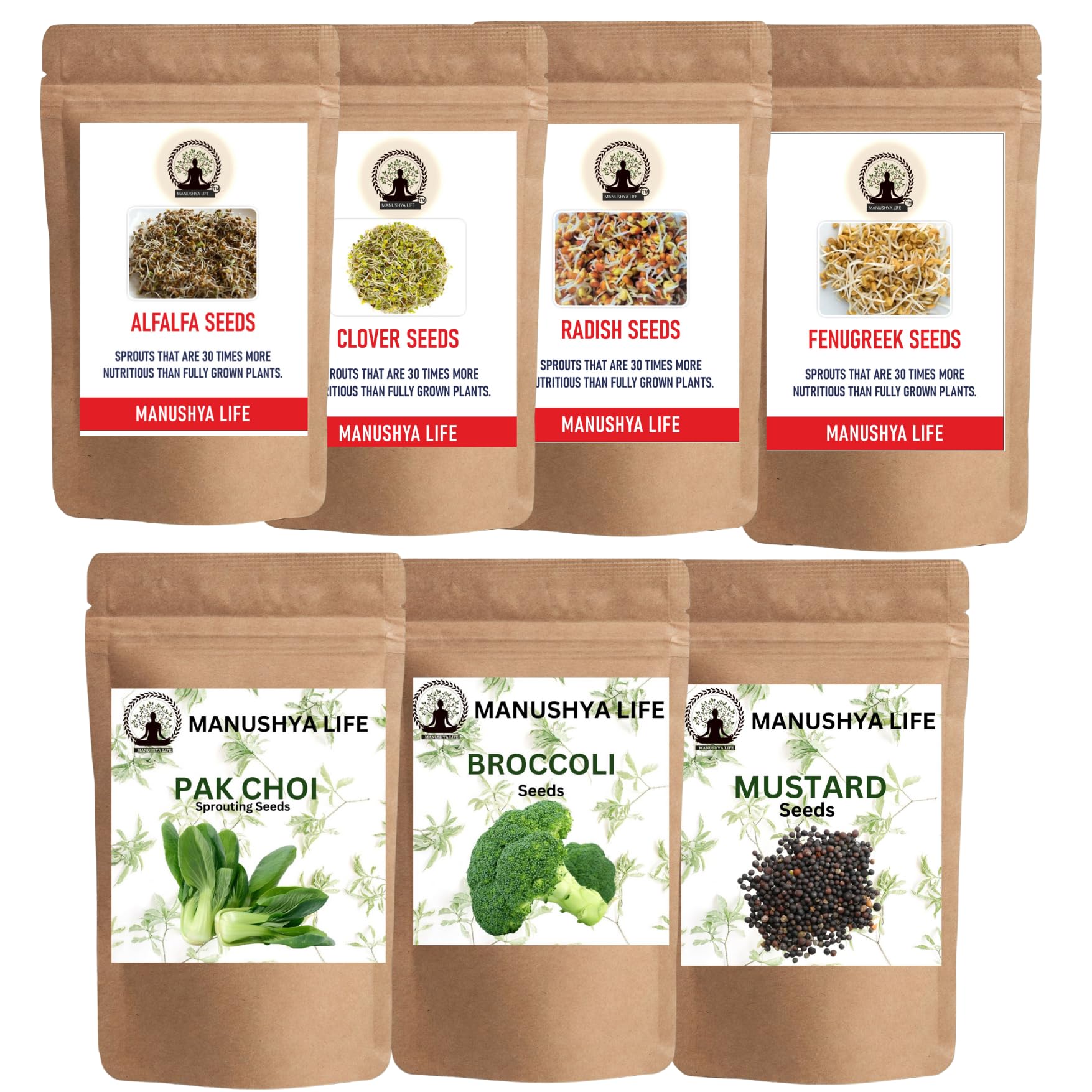 Manushya Life | Combo pack of 7 Variety of Sprouting Seeds | Alfalfa, Clover, Radish, Fenugreek, Pak choi, Broccoli and Mustard Seeds | Satvic Lifestyle | Seeds For Sprouting | 400 Grams (B0BSR29DP5) Amazon Price History, Amazon Price Tracker