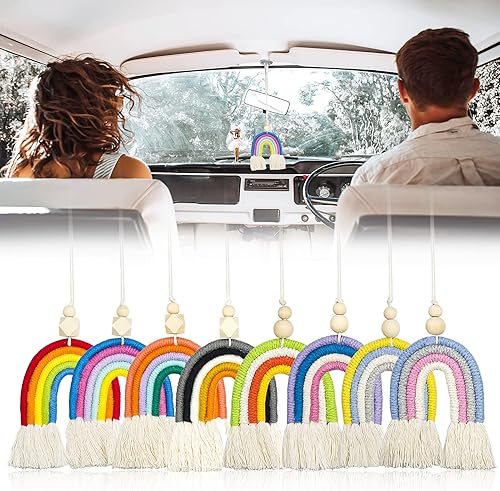 8 dijes bohemios de arcoíris para automóvil, diseño de macramé, lindo bohemio hecho a mano con cuentas de madera de arco iris, difusor de aceite