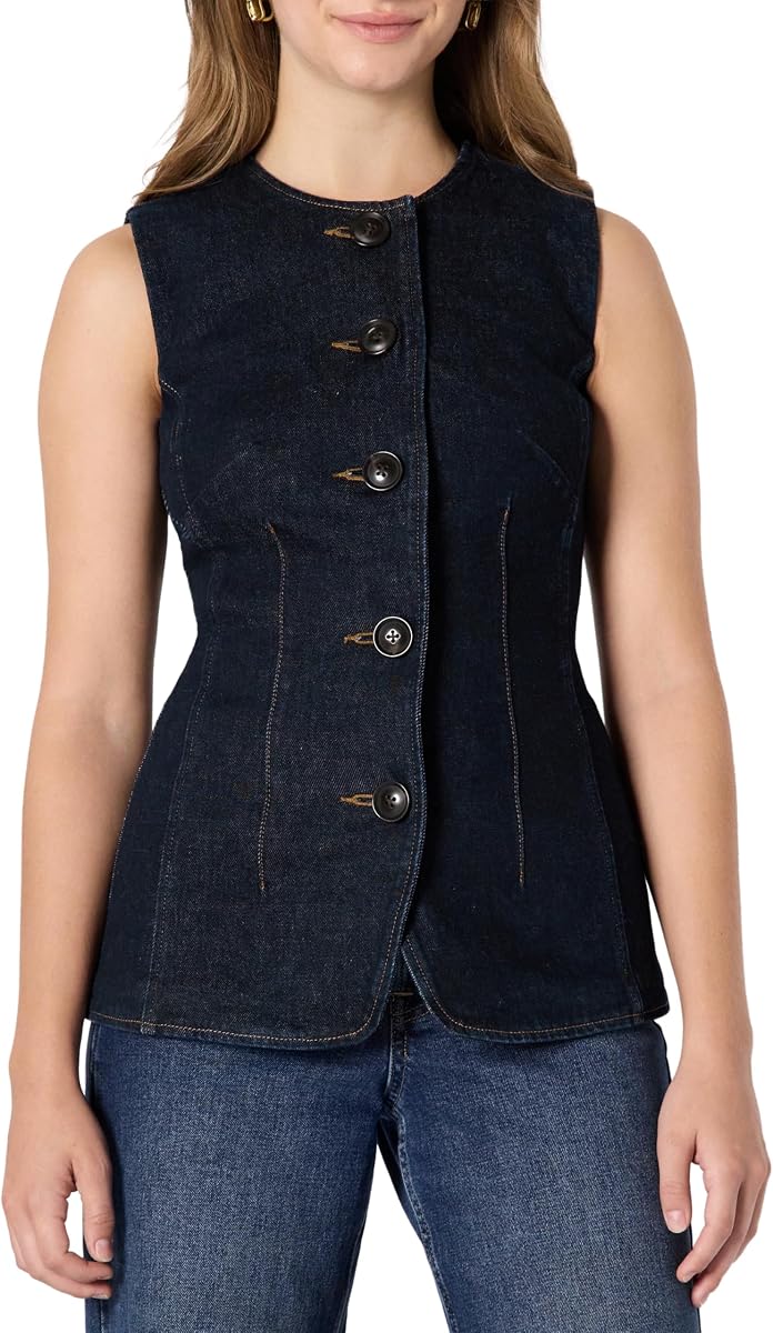 Amazon Essentials Chaleco vaquero de ajuste regular con botones para mujer, cuello redondo, inspiración vintage con botones de caña