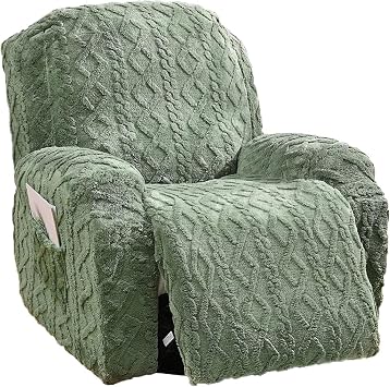 4 Pieces Recliner Chair Covers, Geometric Jacquard Plush Recliner Slipcovers, Couch Sofa Covers, Soft Fuzzy Fluffy Anti-Slip Furniture Protector for Kids Cats Dogs Elastic Bottom Green,1 Seat