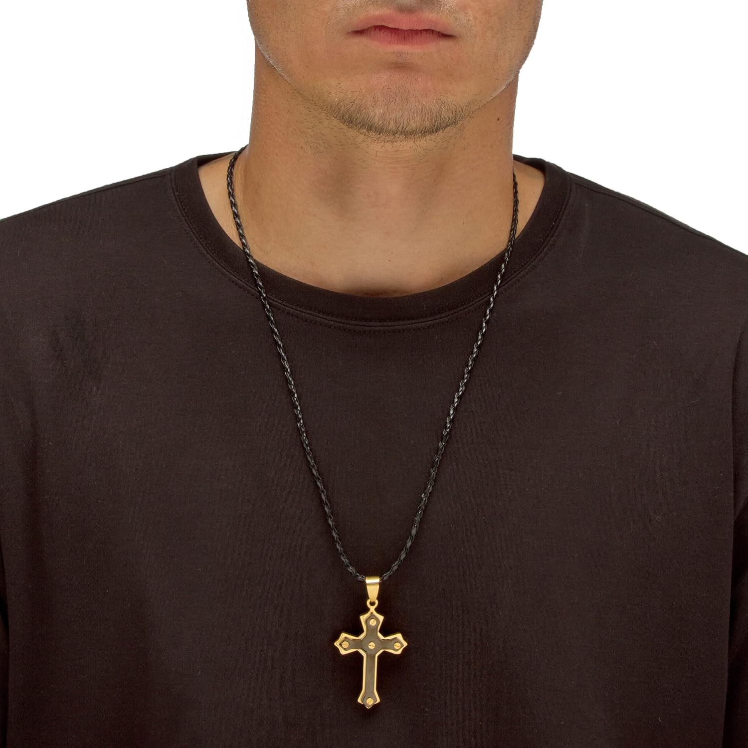 PalmBeach Men's Yellow Gold Ion Plated Stainless Steel Cross Pendant (33mm) Braided Corded Necklace, 24 inch plus 3 inch extension