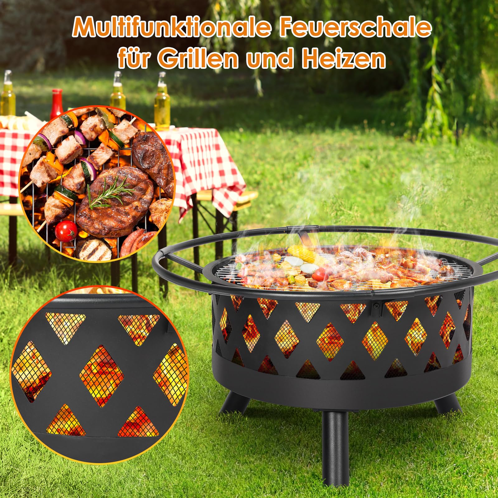 TLSUNNY Feuerschale, Ø 76cm Feuerkorb mit Funkenschutz und Schürhaken | Feuerschalen für den Garten Groß, BBQ Feuerstelle Outdoor mit Grill, 3PCS Beine, Retro-Look Fire Pit, Zum Grillen und Heizen